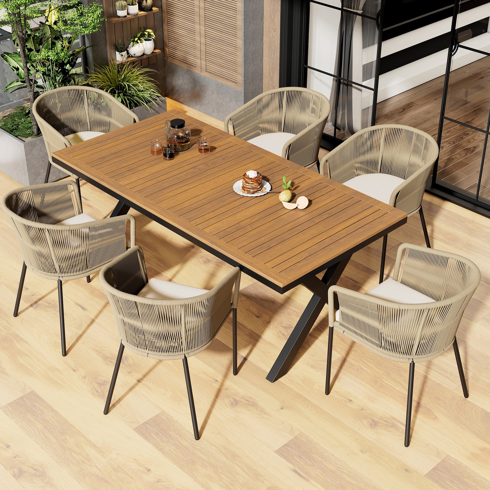 Garden Dining Set 7-Piece 6 Rope Armchairs Acacia Wood Table