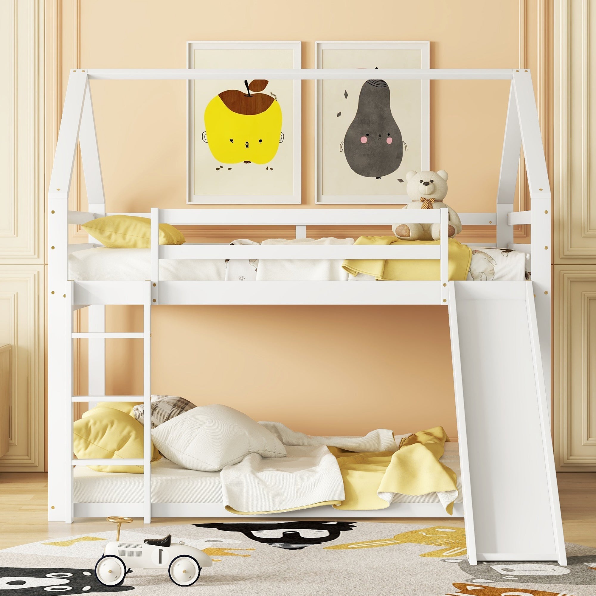 House Bunk Bed 140x200cm Double with Slide & Ladder - White