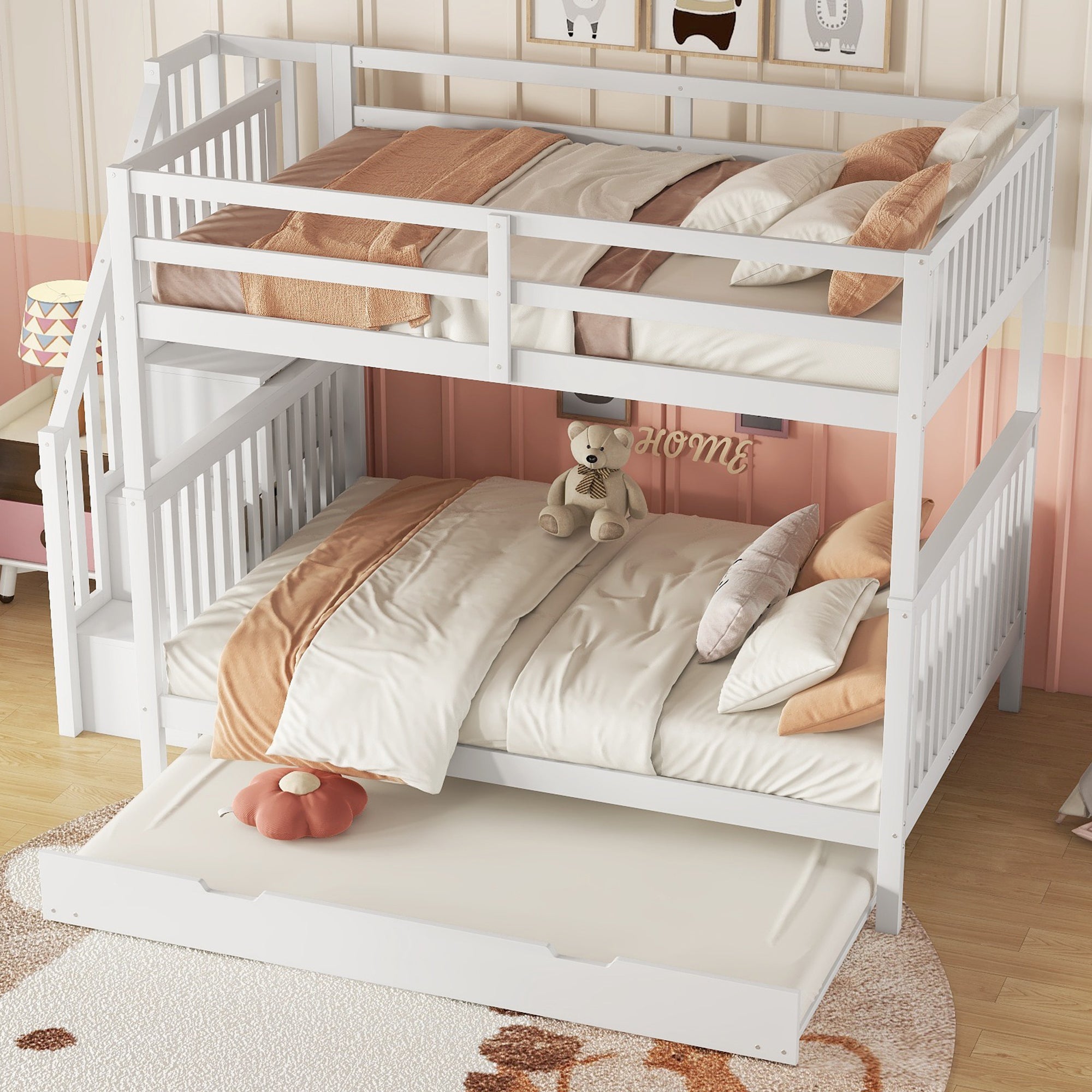 Bunk Bed 140x200cm Stair Shelf Pull-out Trundle - White