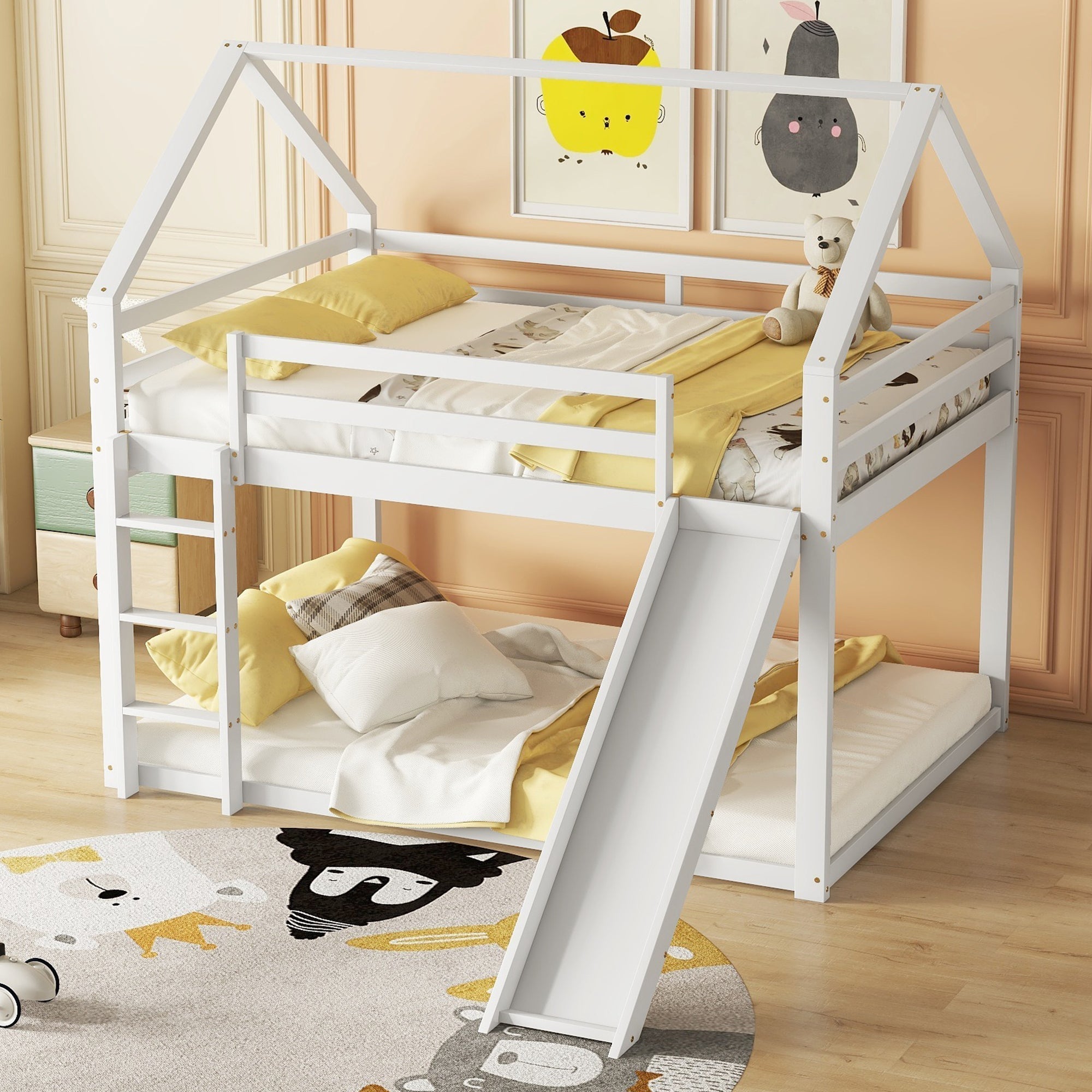 House Bunk Bed 140x200cm Double with Slide & Ladder - White
