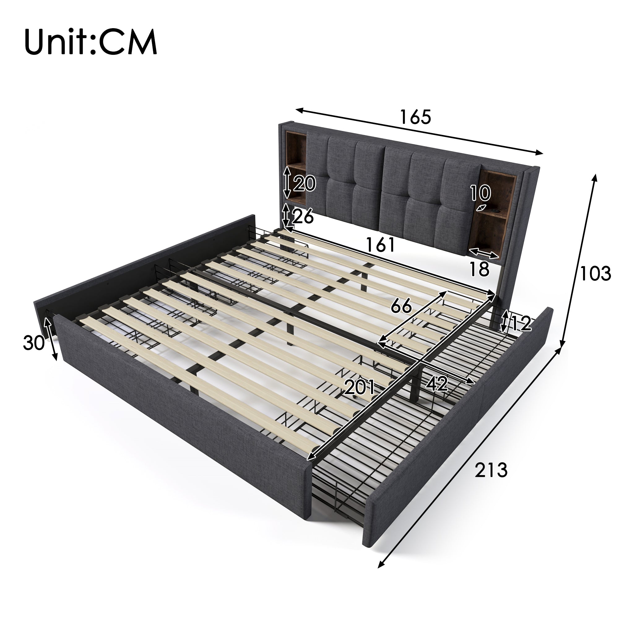 Double Bed, Wireless Charging & 4 Drawers, 160x200cm Grey Linen