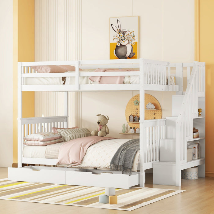 Bunk Bed 140x200cm Stair Storage 2 Drawers White