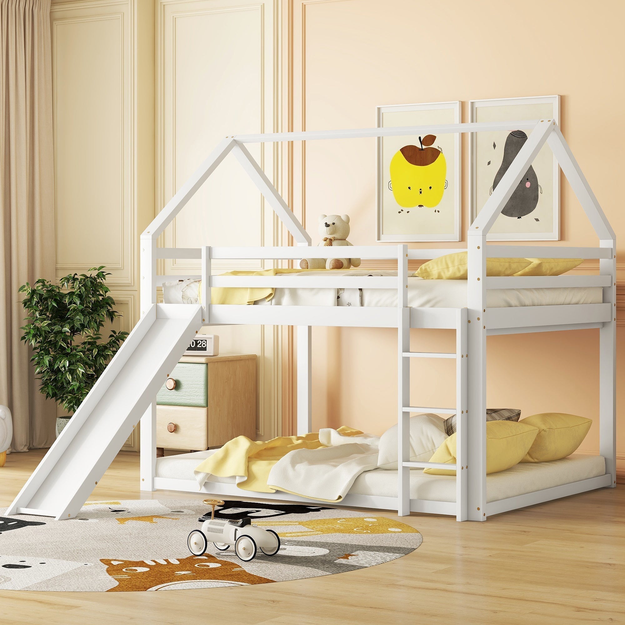 House Bunk Bed 140x200cm Double with Slide & Ladder - White