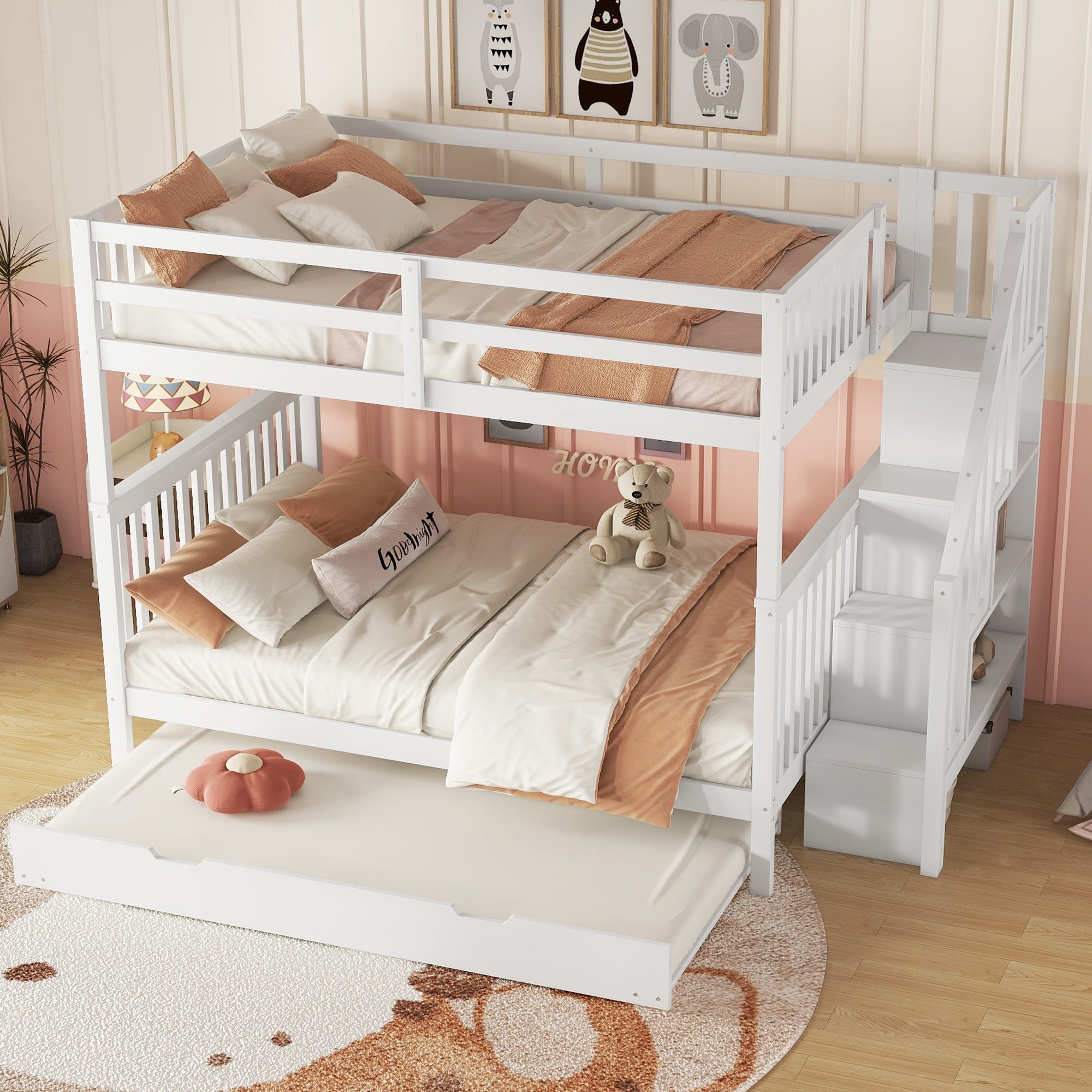 Bunk Bed 140x200cm Stair Shelf Pull-out Trundle - White