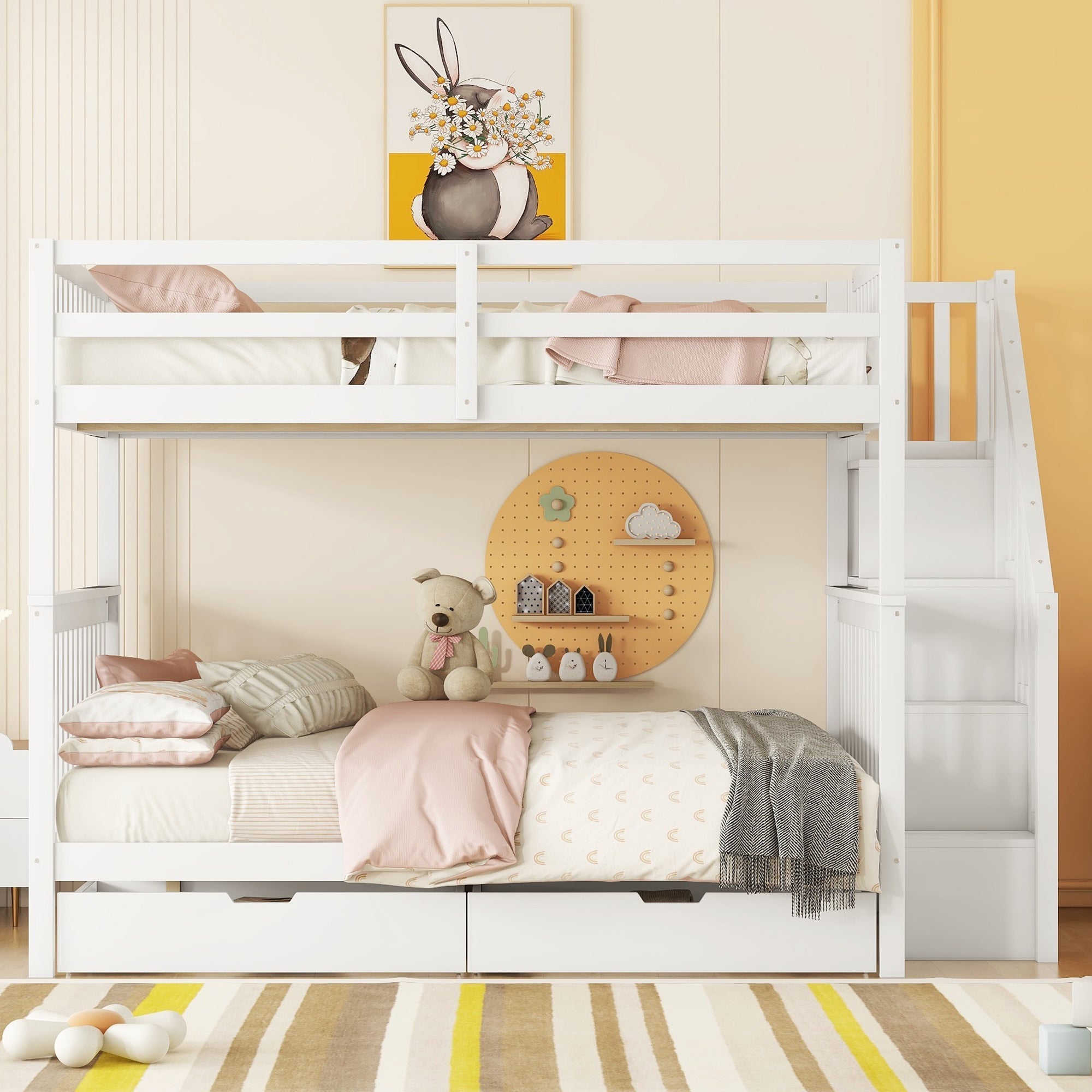 Bunk Bed 140x200cm Stair Storage 2 Drawers White