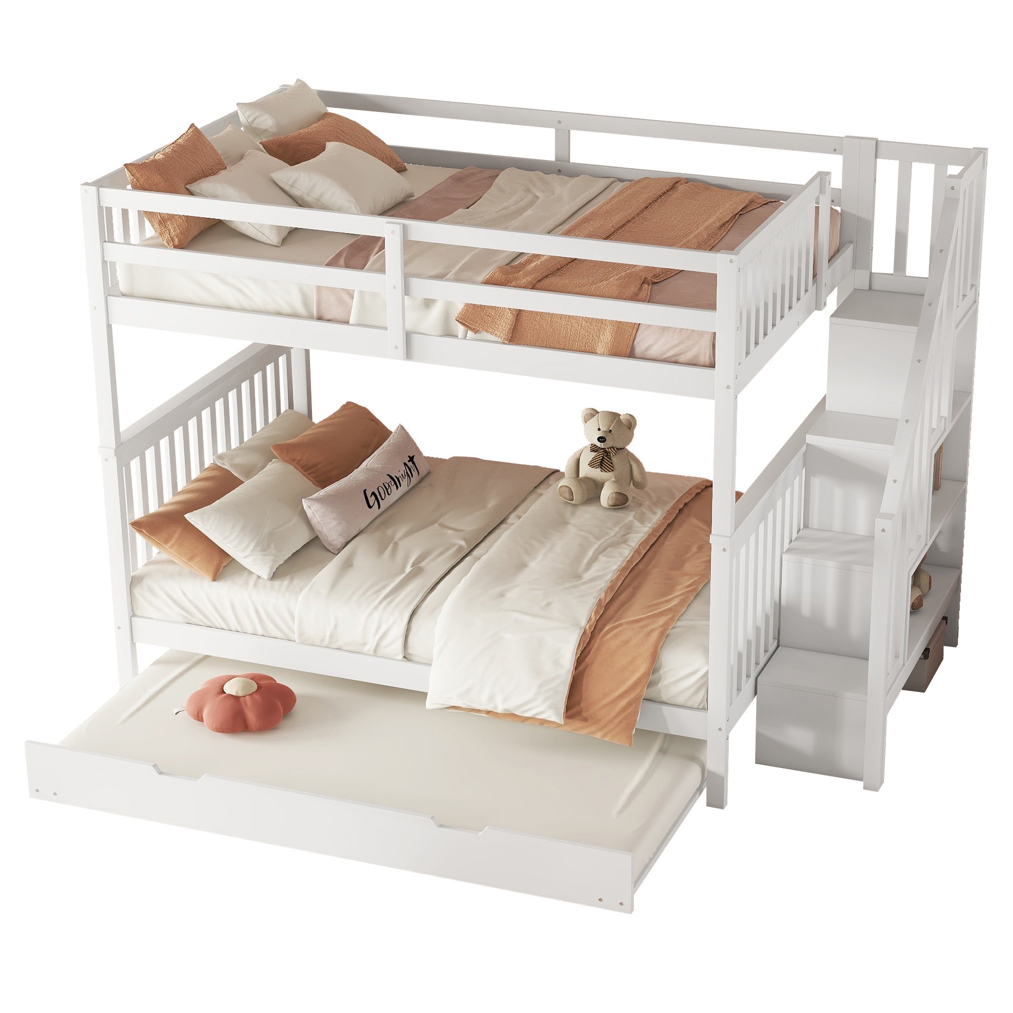 Bunk Bed 140x200cm Stair Shelf Pull-out Trundle - White