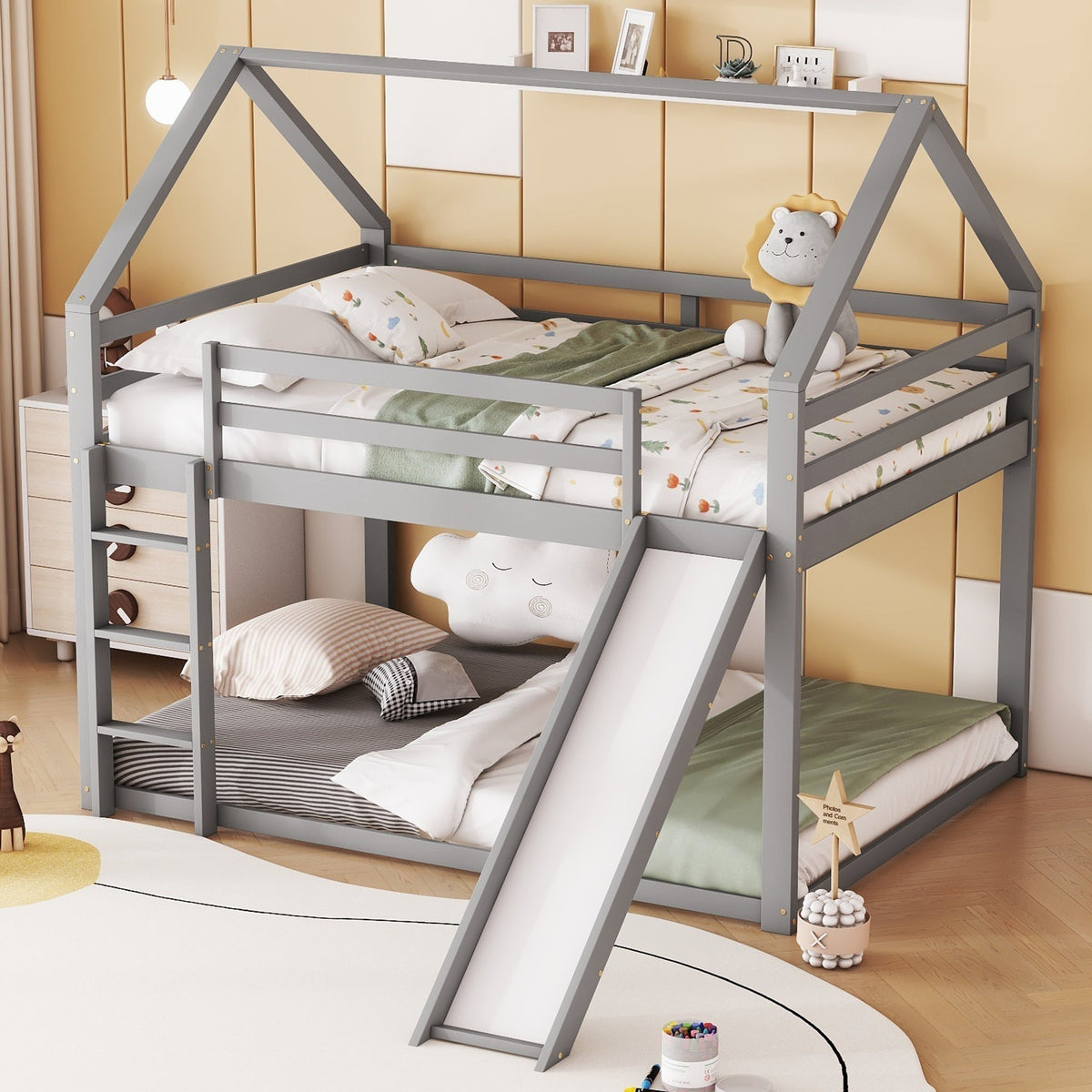 Bunk Bed 140x200cm House Bed Slide & Ladder - Grey