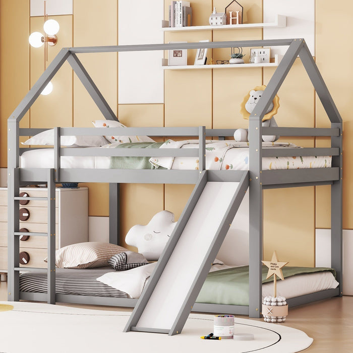 Bunk Bed 140x200cm House Bed Slide & Ladder - Grey