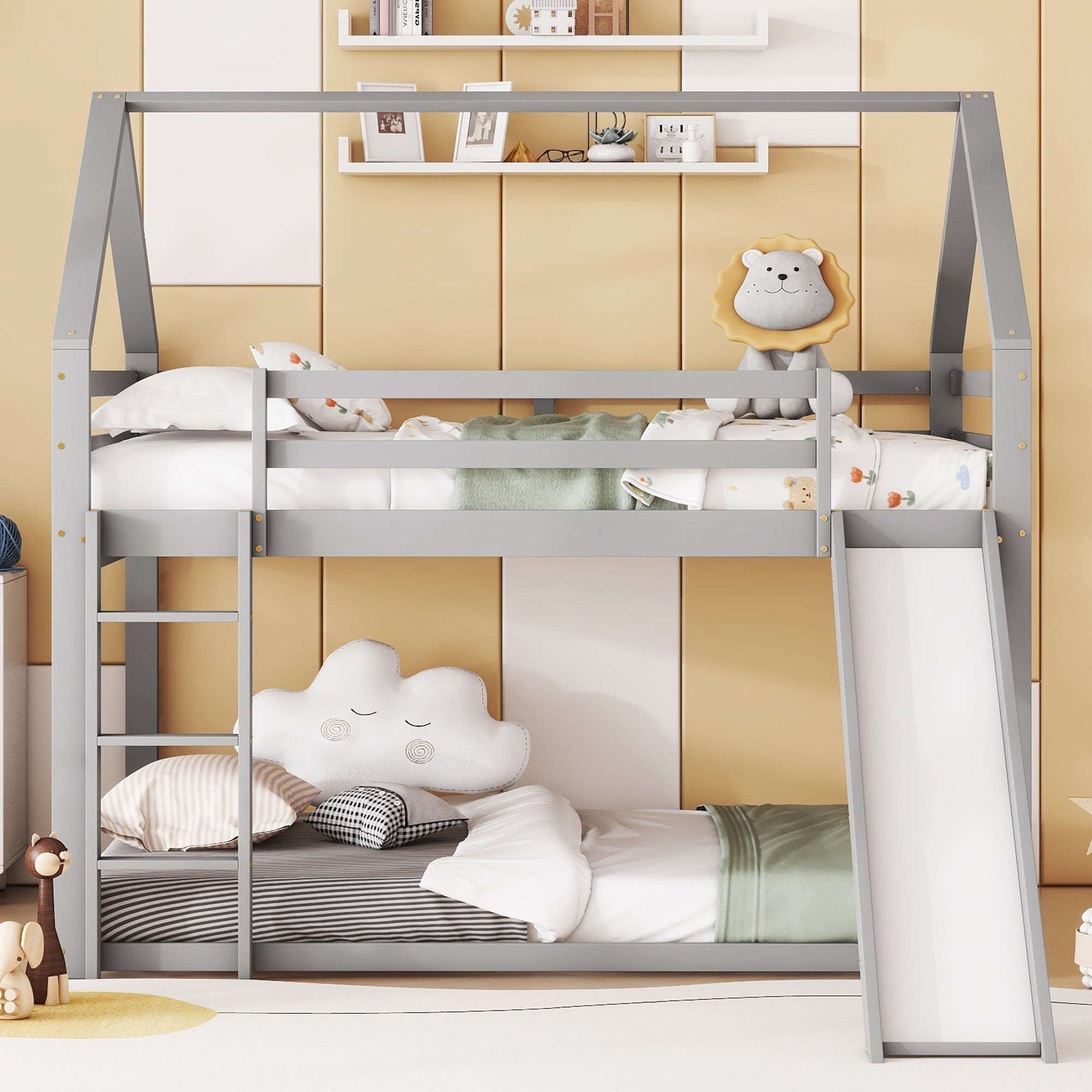 Bunk Bed 140x200cm House Bed Slide & Ladder - Grey