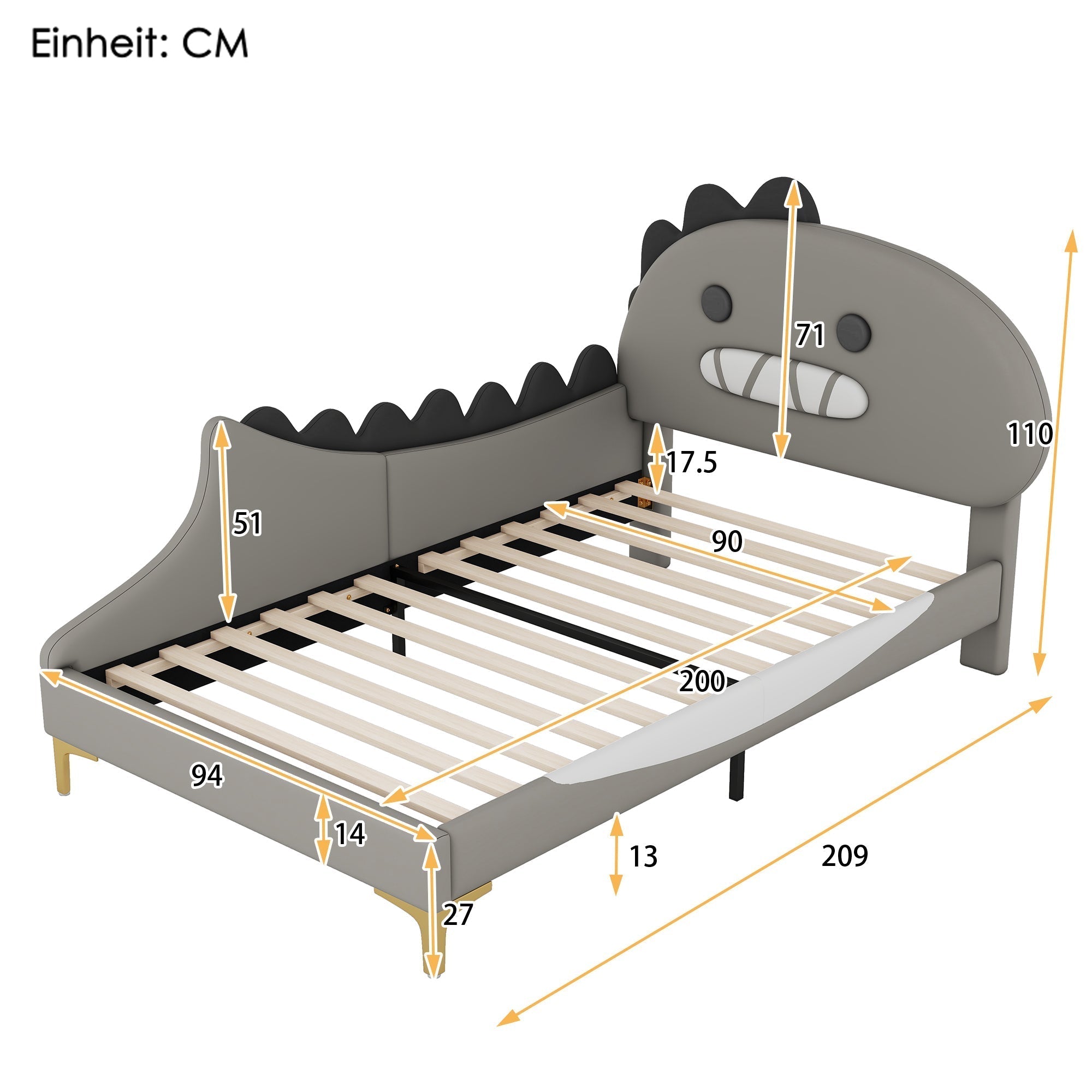 Children's Bed 90x200cm Dinosaur Shape Flat Bed - PU Grey