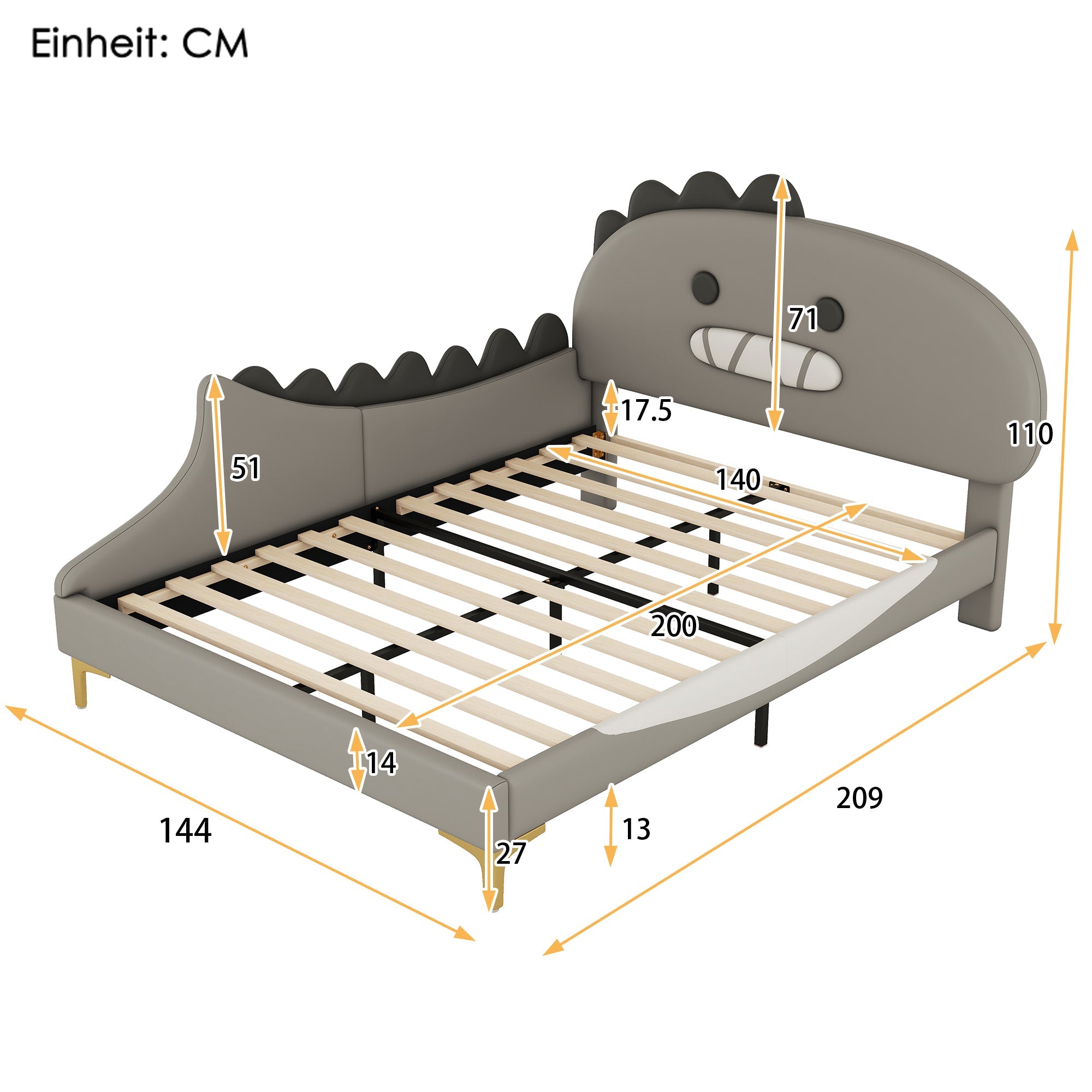 Children's Bed, 140x200cm Flat Bed Cartoon Dinosaur Shape, Grey PU Material