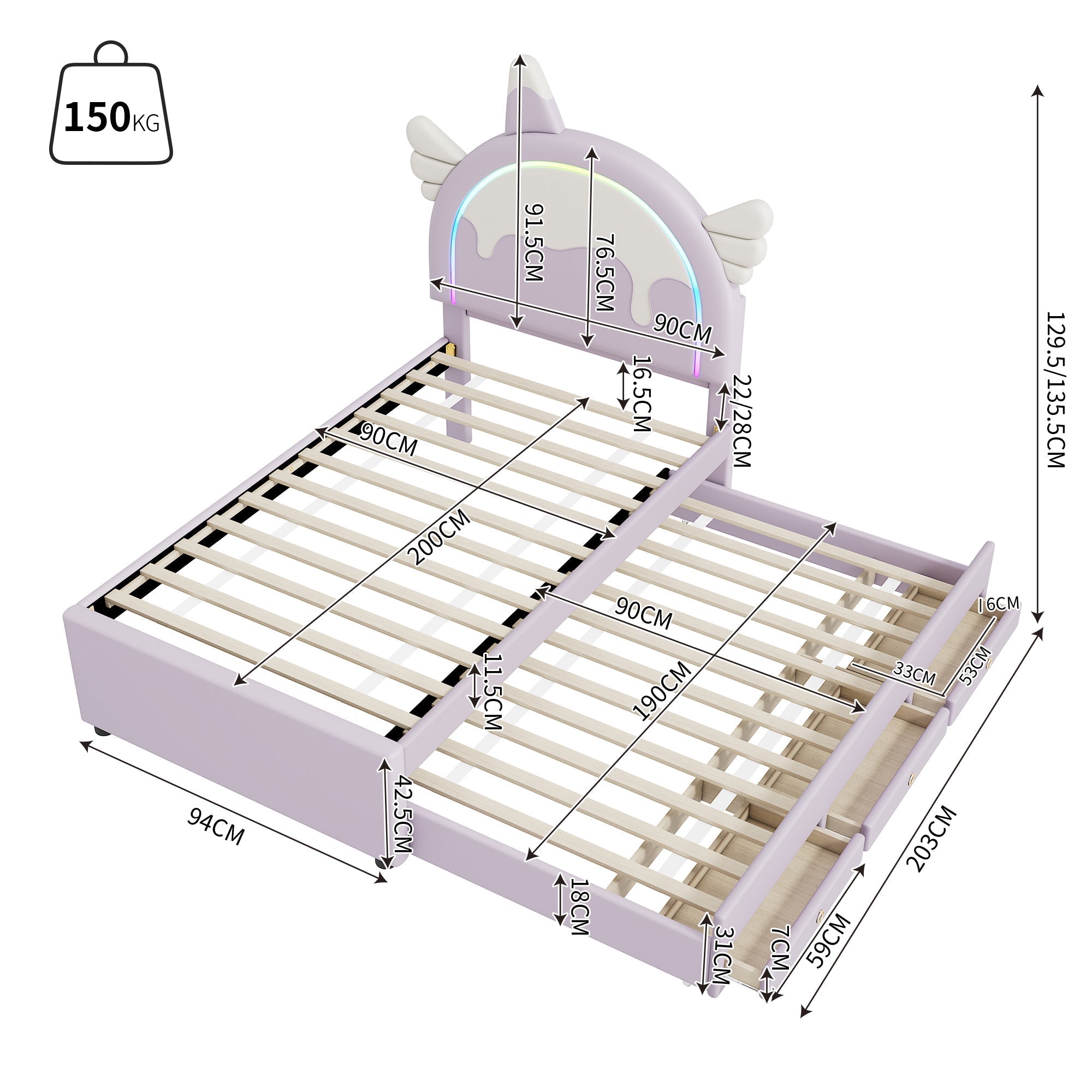 Cartoon Children's Bed 90x200cm Unicorn Extendable Rollaway - PU Violet