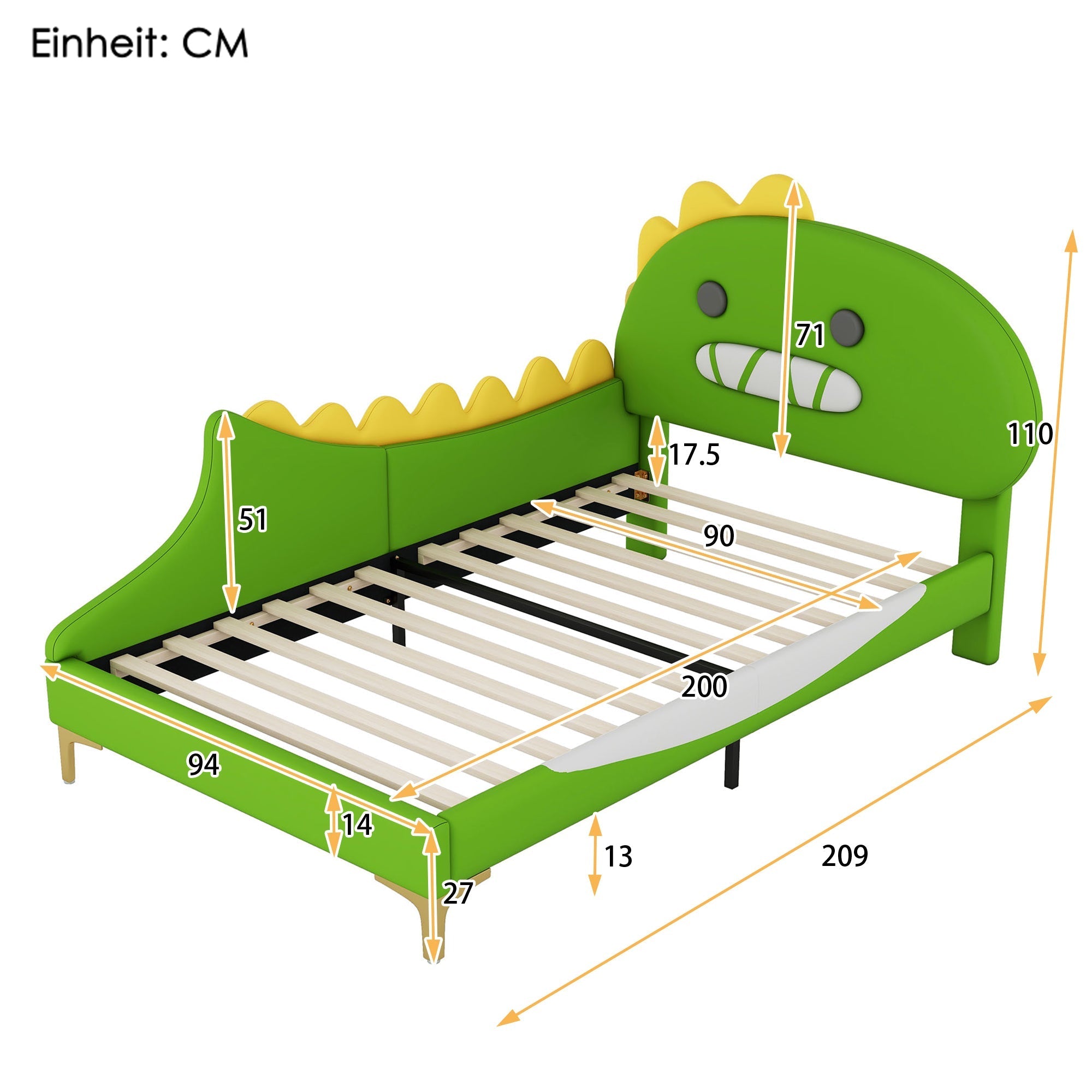 Children's Bed 90x200cm Dinosaur Shape Flat - Green PU