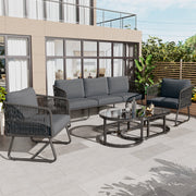 Garden Lounge Set 5-Piece Rope Furniture Glass Top Galvanized Frame, Grey Rope & Iron