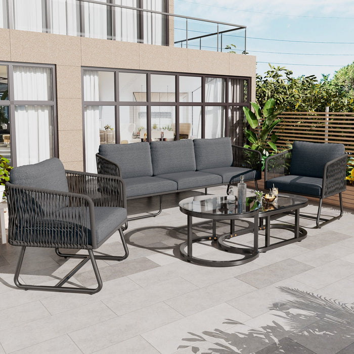 Garden Lounge Set 5-Piece Rope Furniture Glass Top Galvanized Frame, Grey Rope & Iron