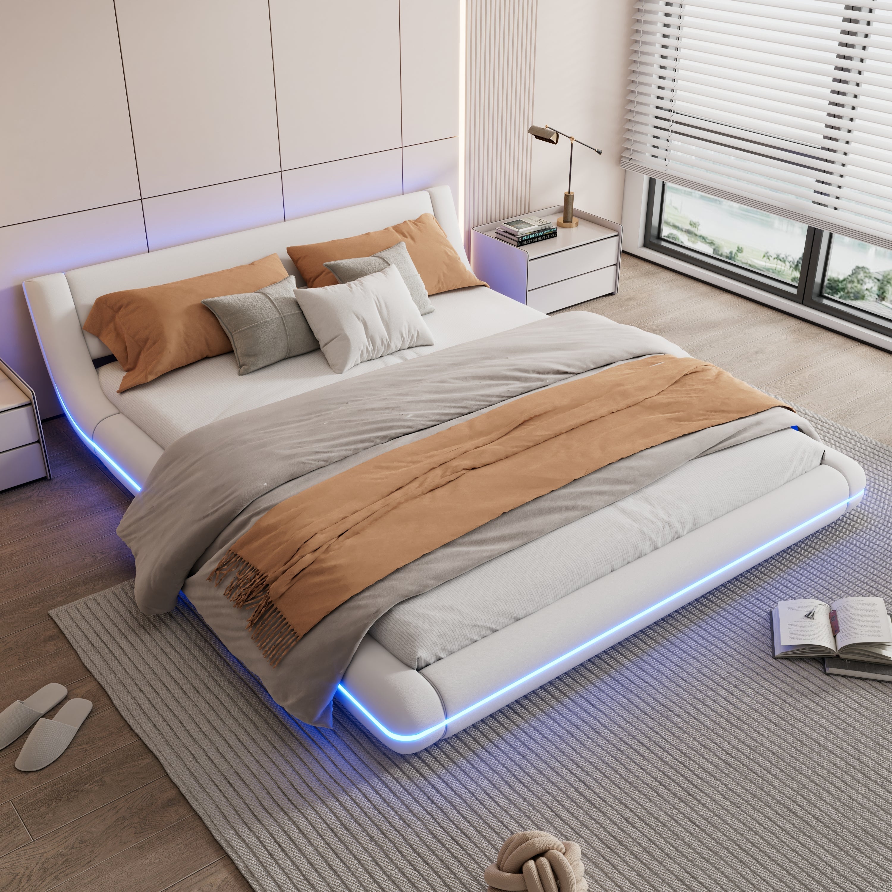 Flatbed Floor Bed 160x200cm LED Ambient Light PU White