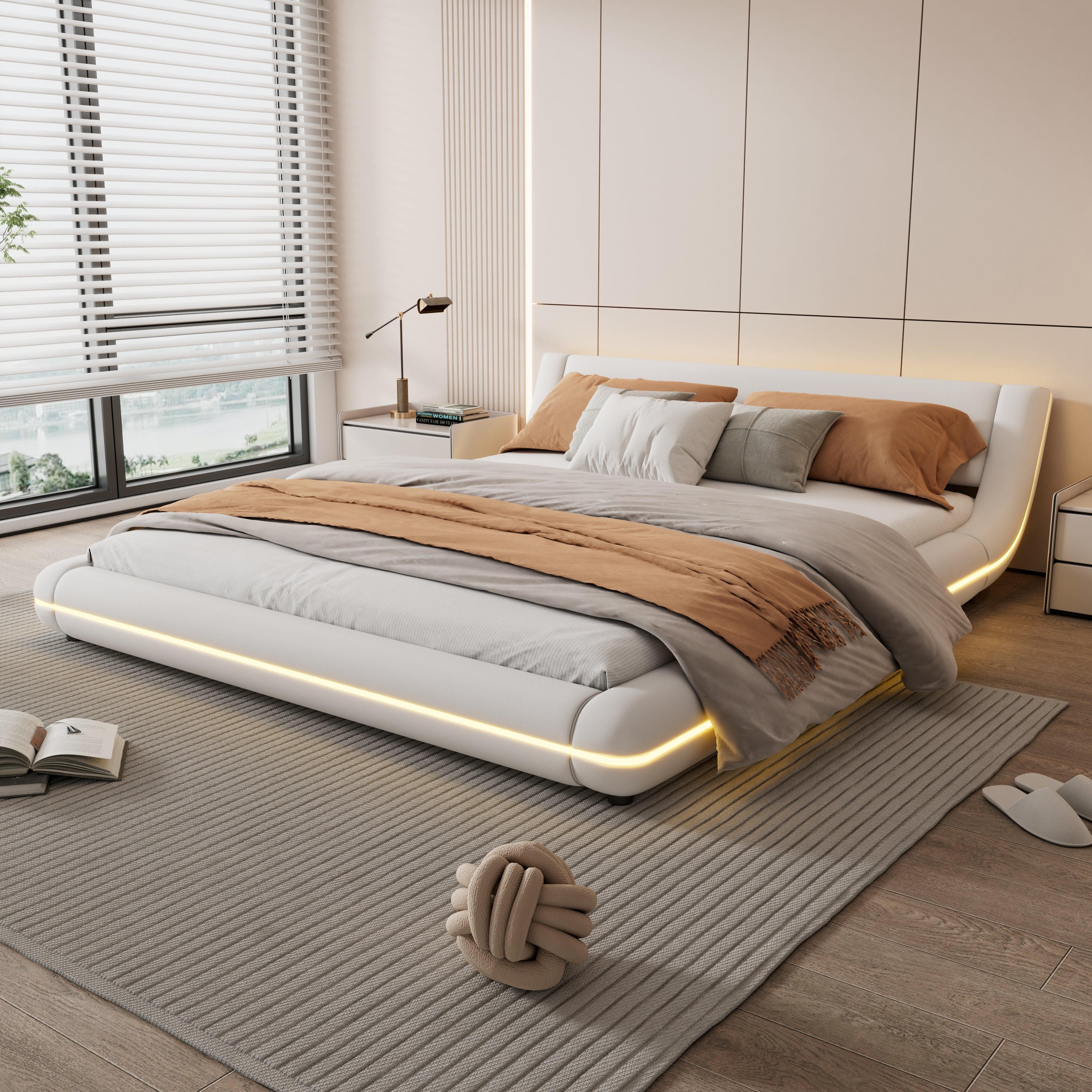 Flatbed Floor Bed 160x200cm LED Ambient Light PU White