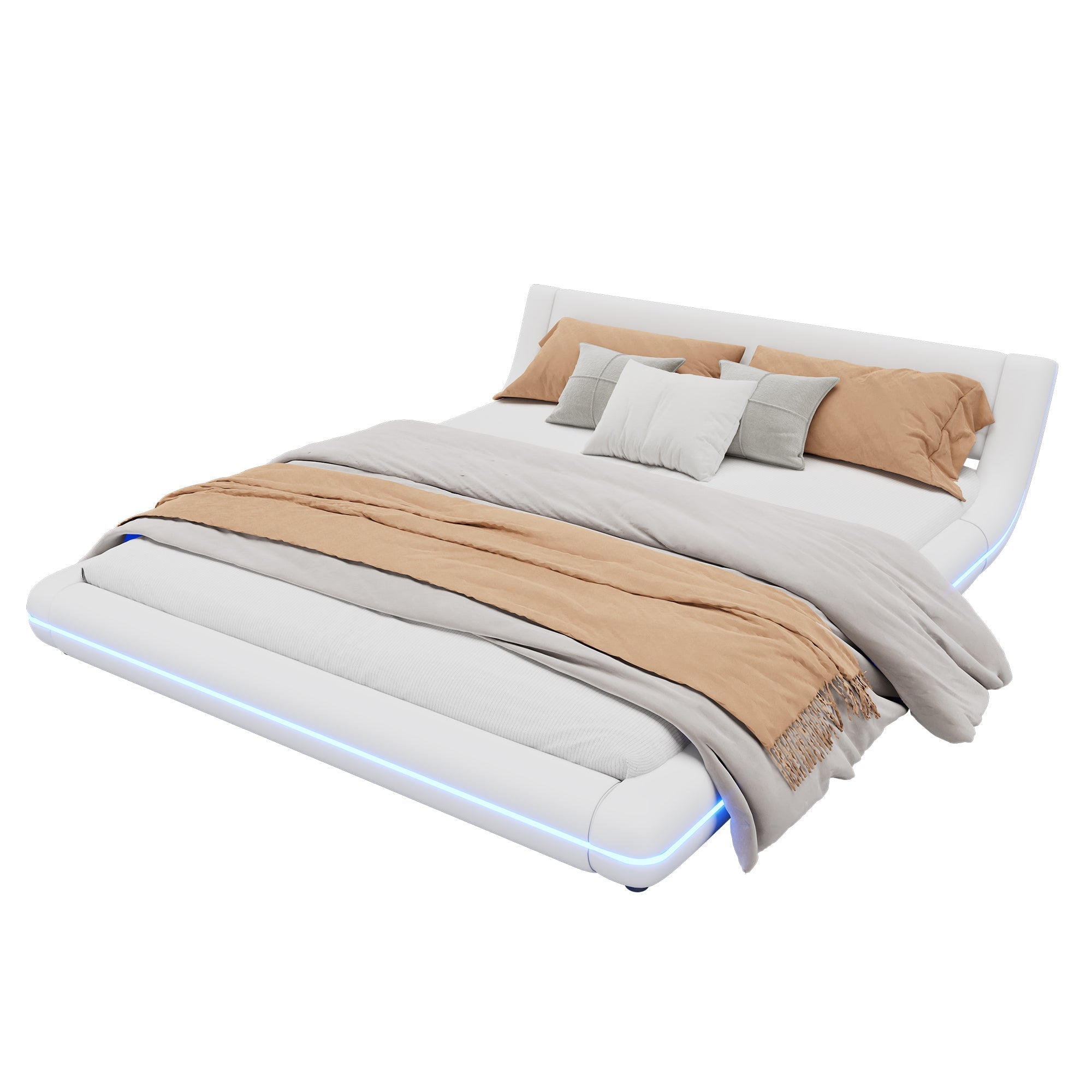 Flatbed Floor Bed 160x200cm LED Ambient Light PU White