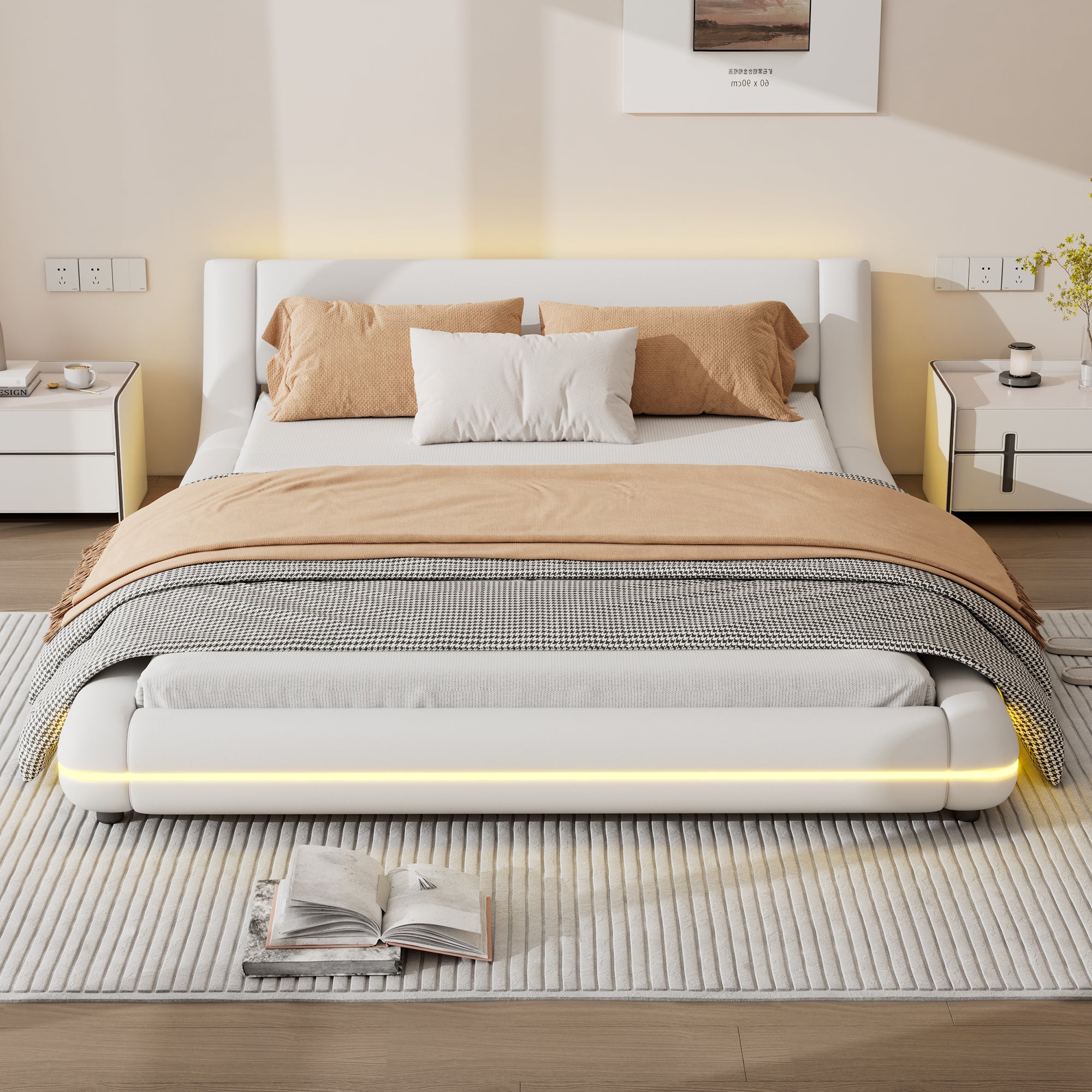 Flatbed Floor Bed with LED Ambient Light, 140x200cm, White PU
