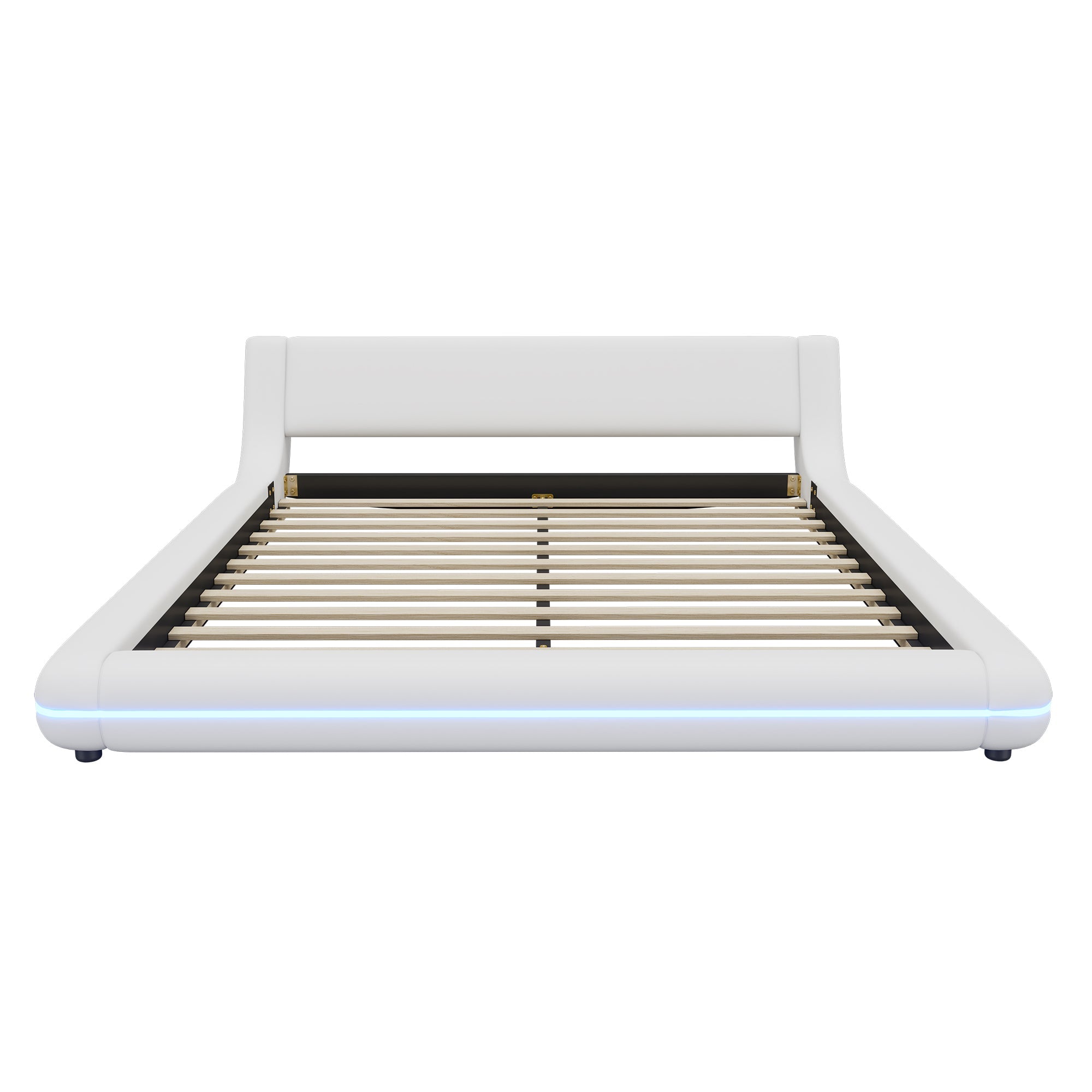 Flatbed Floor Bed 160x200cm LED Ambient Light PU White