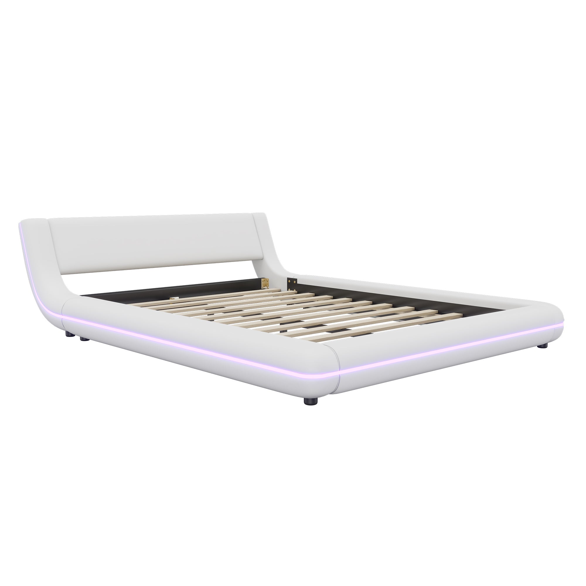 Flatbed Floor Bed with LED Ambient Light, 140x200cm, White PU