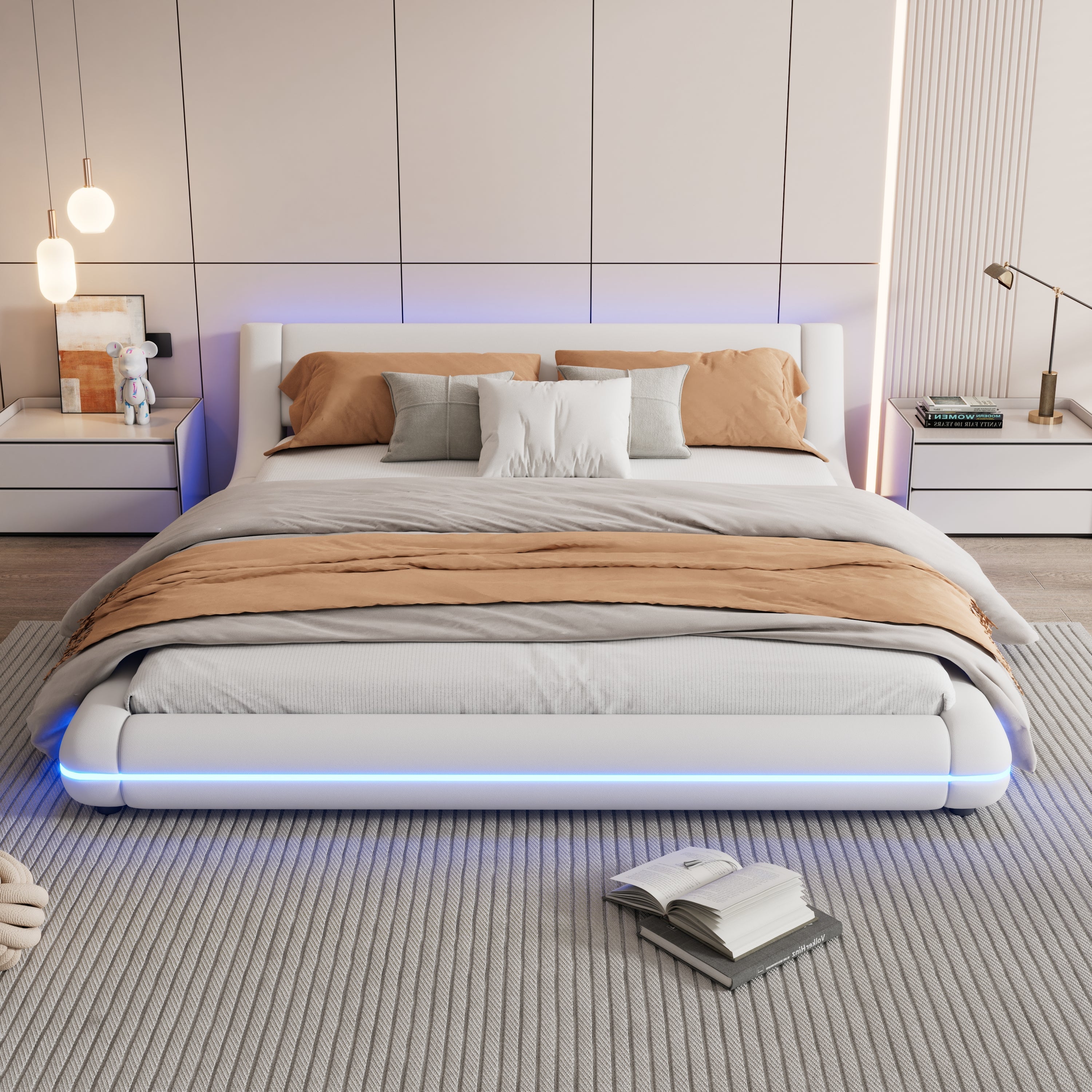 Flatbed Floor Bed 160x200cm LED Ambient Light PU White