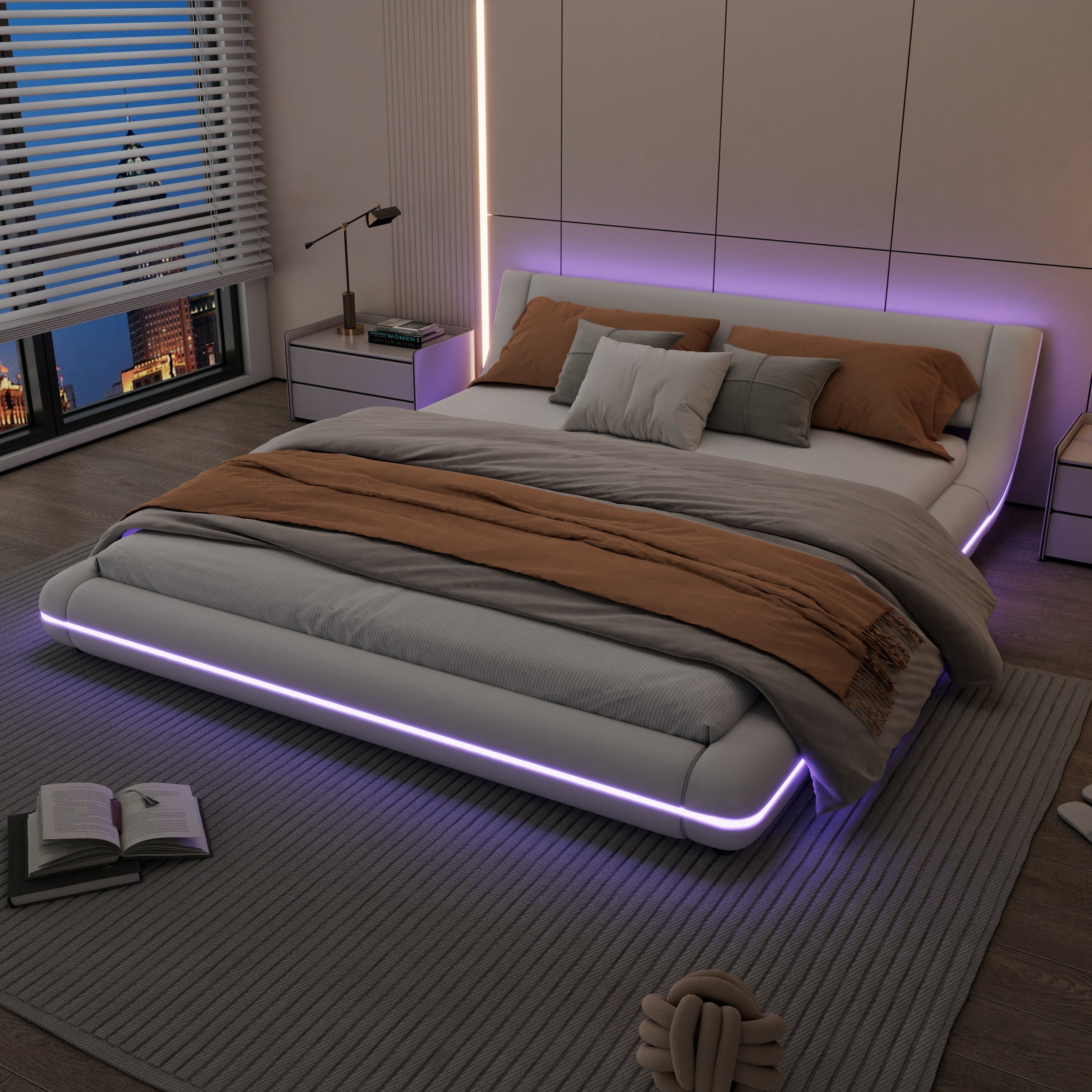 Flatbed Floor Bed 160x200cm LED Ambient Light PU White