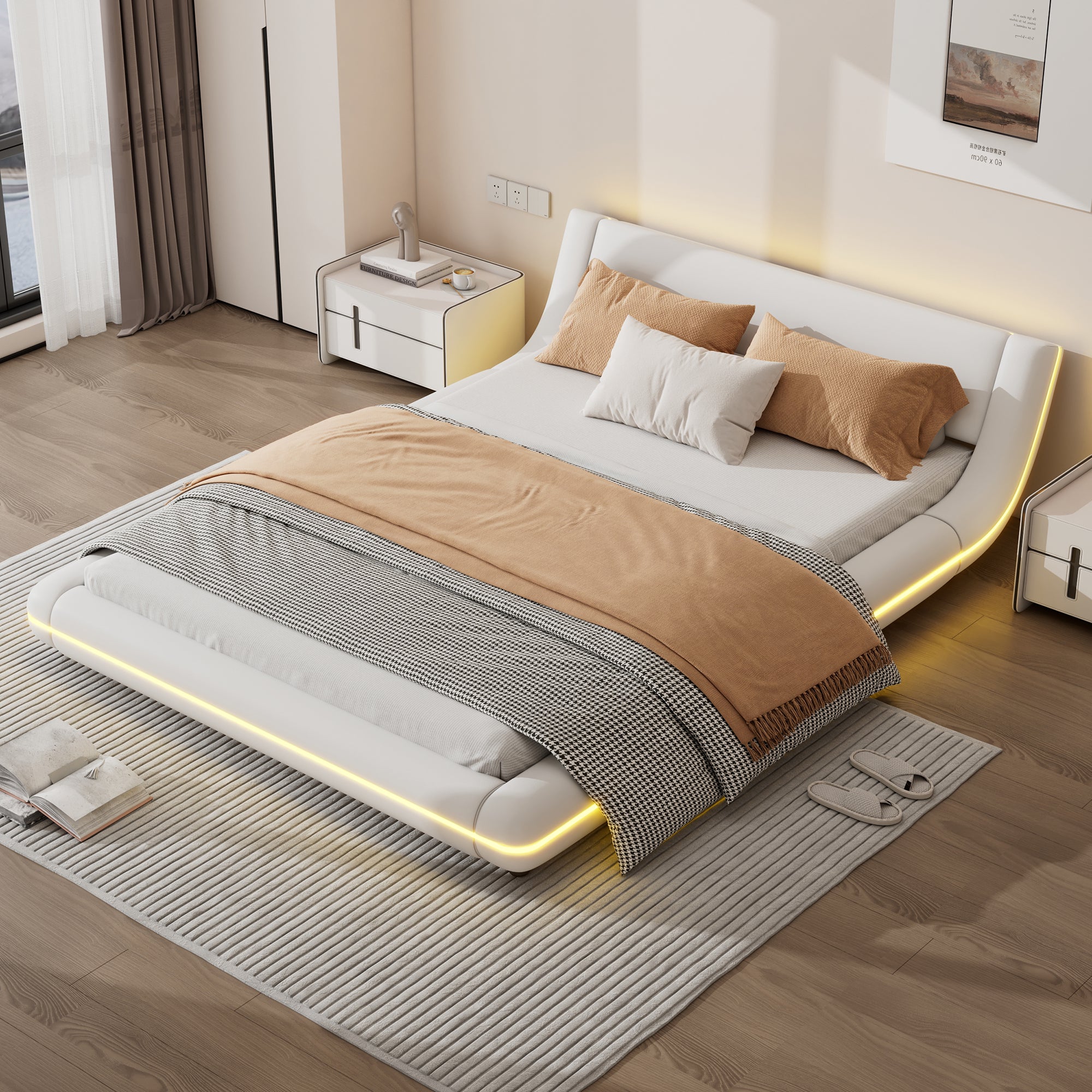 Flatbed Floor Bed with LED Ambient Light, 140x200cm, White PU