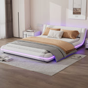 Flatbed Floor Bed with LED Ambient Light, 140x200cm, White PU