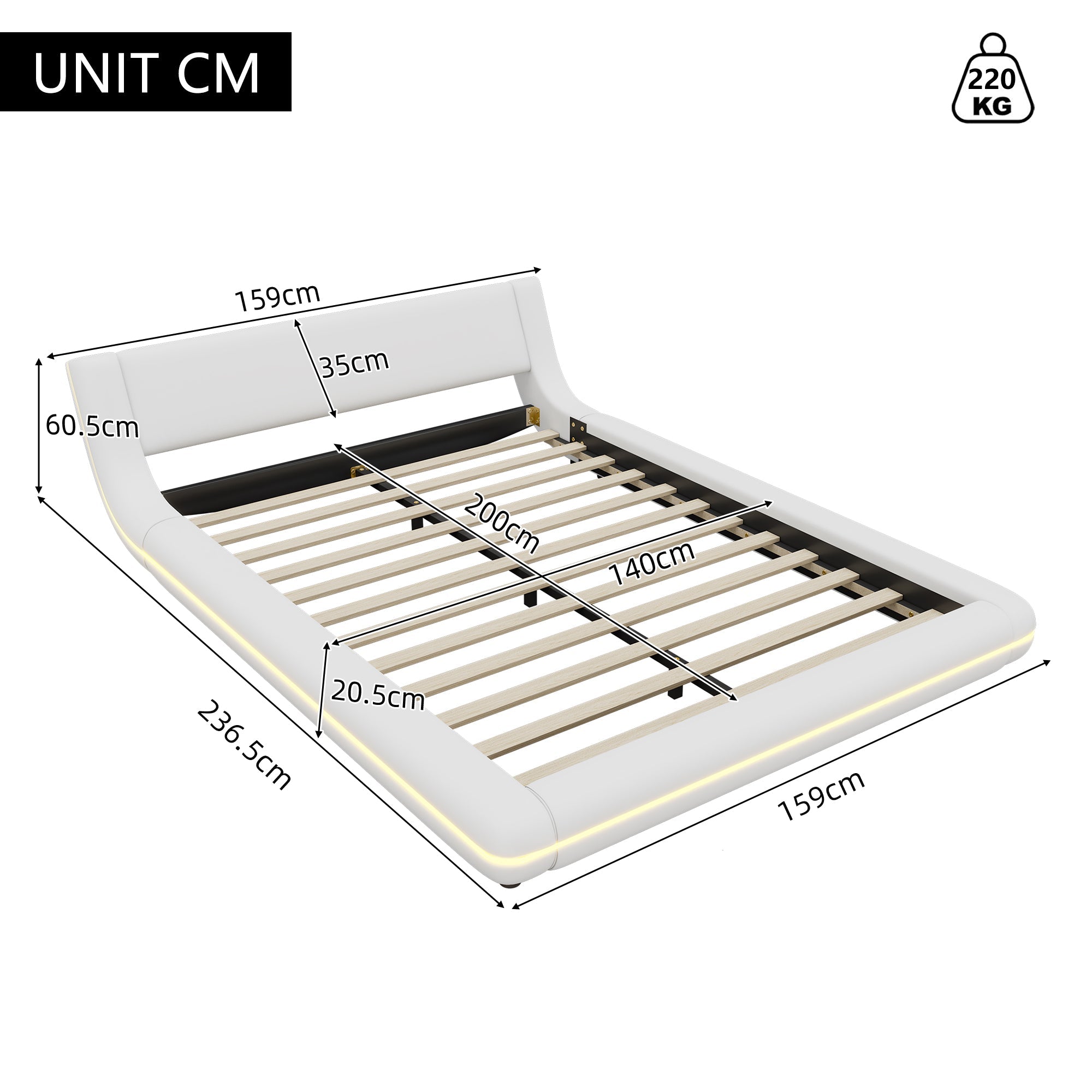 Flatbed Floor Bed with LED Ambient Light, 140x200cm, White PU