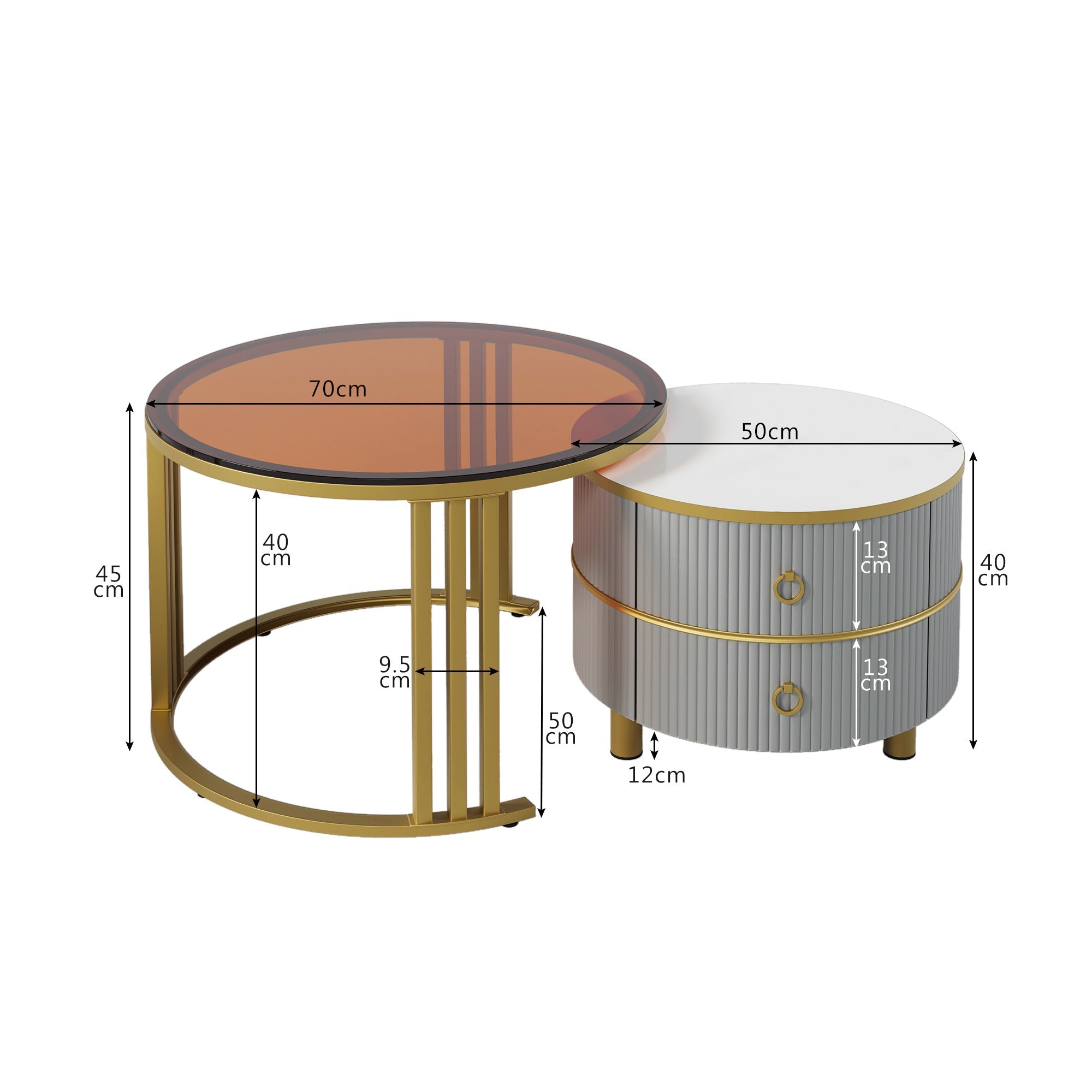 2-in-1 Round Coffee Table Set with High-Gloss Top, Tempered Glass Side Table, and 2 Drawers, Brown