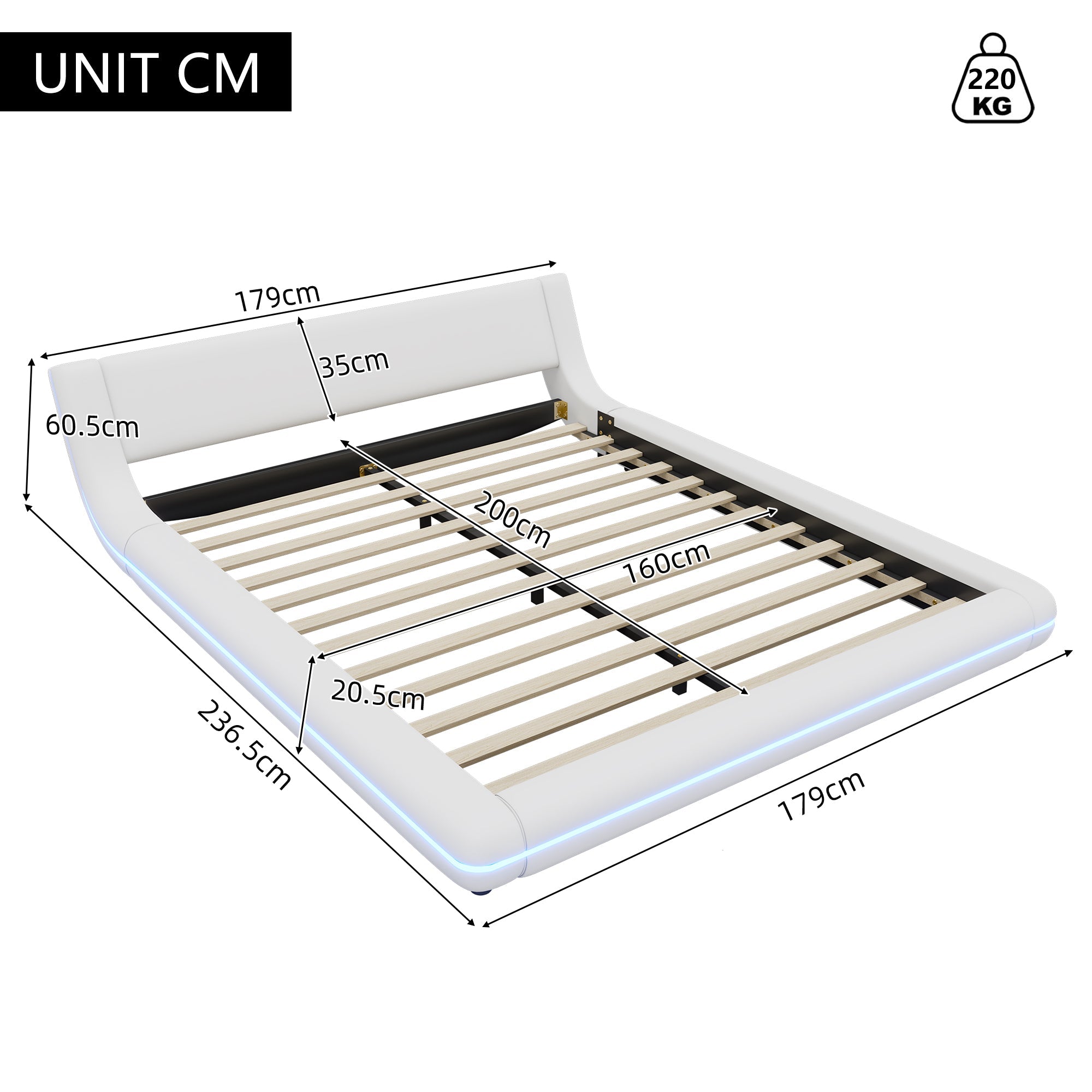 Flatbed Floor Bed 160x200cm LED Ambient Light PU White