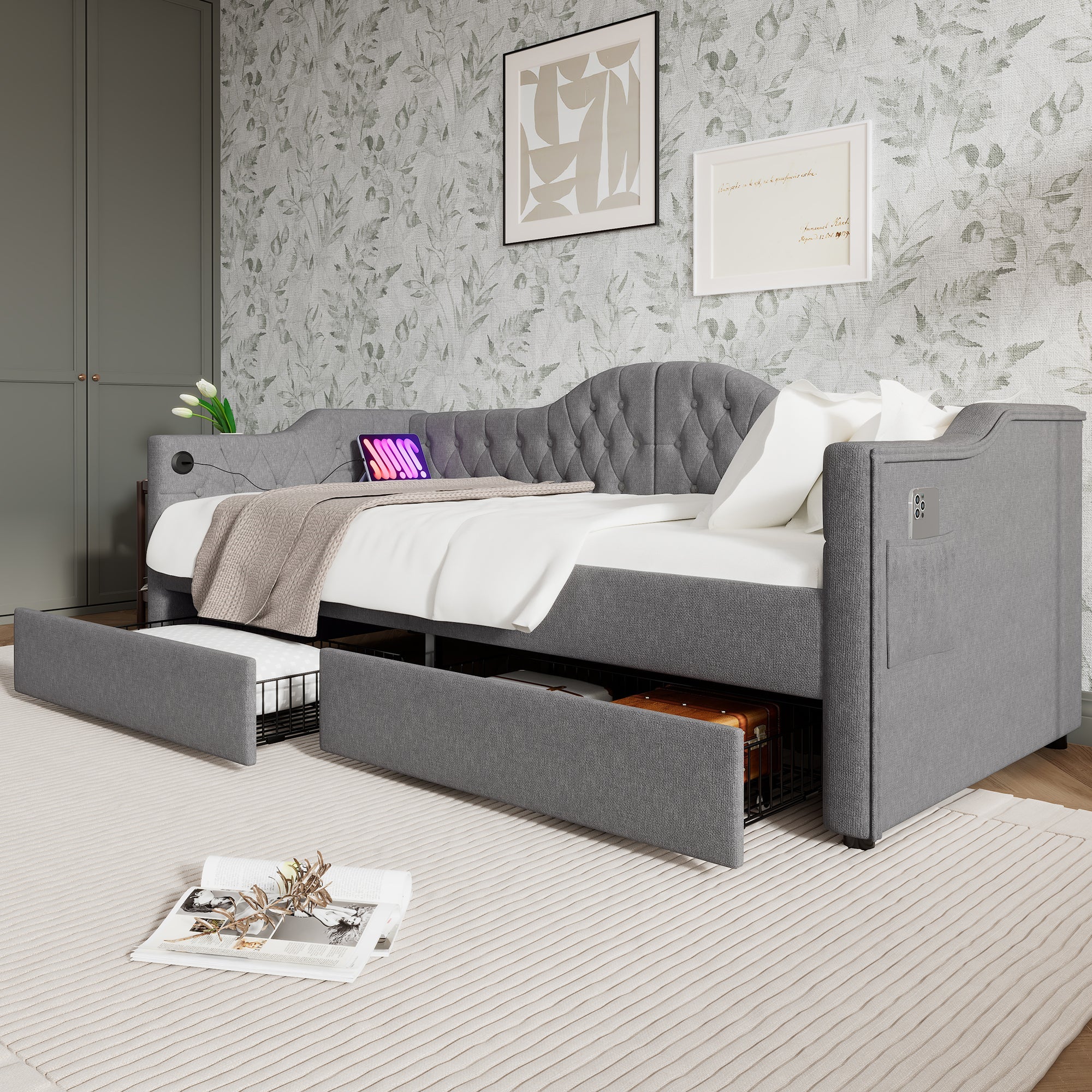 Upholstered Bed Daybed Sofa Bed Storage Bed with USB-C, 2 Drawers, 90x200cm, Grey Linen