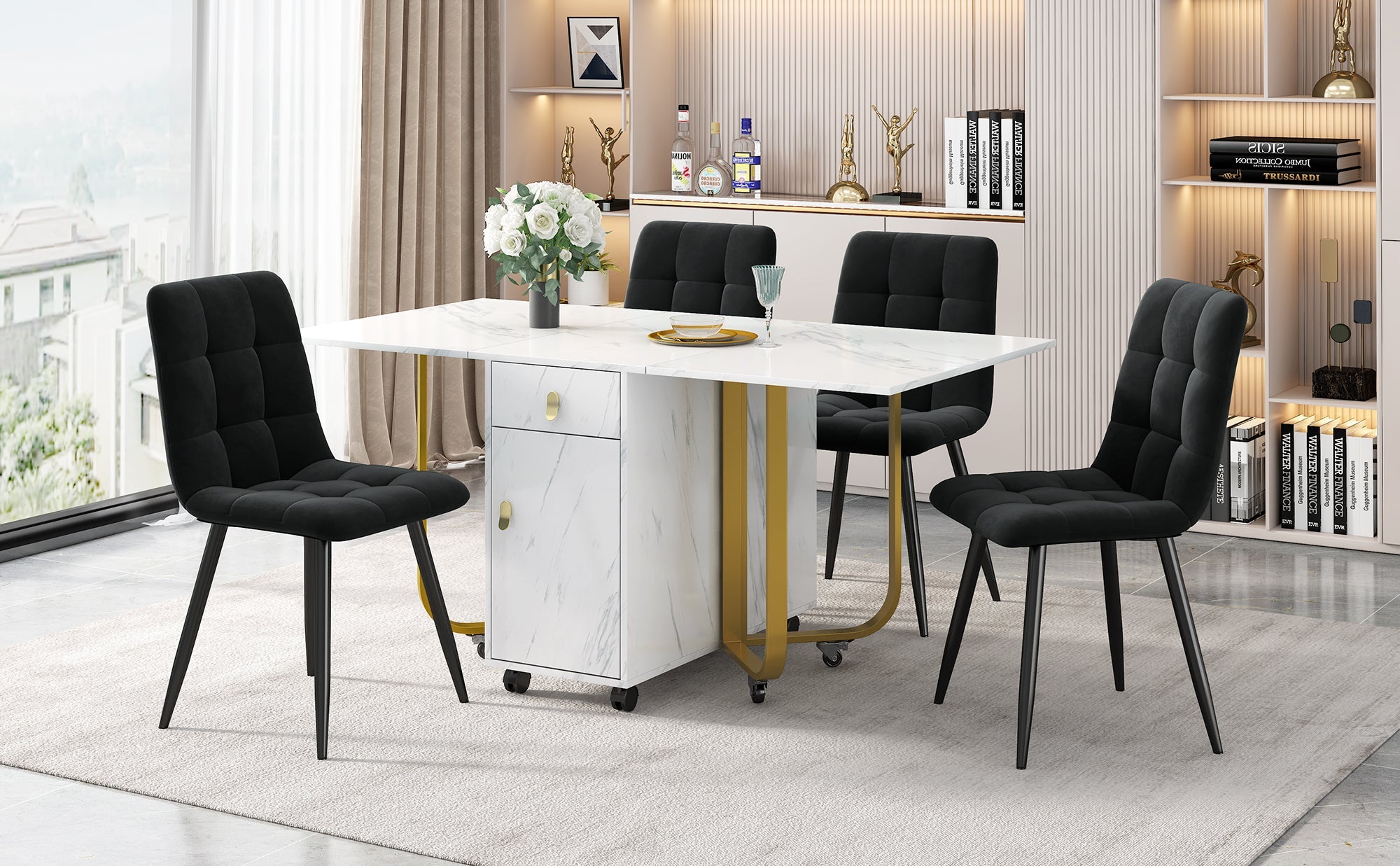 Dining Set, 4-Chair Folding Kitchen Table, Velvet Chairs, White MDF & Black Legs
