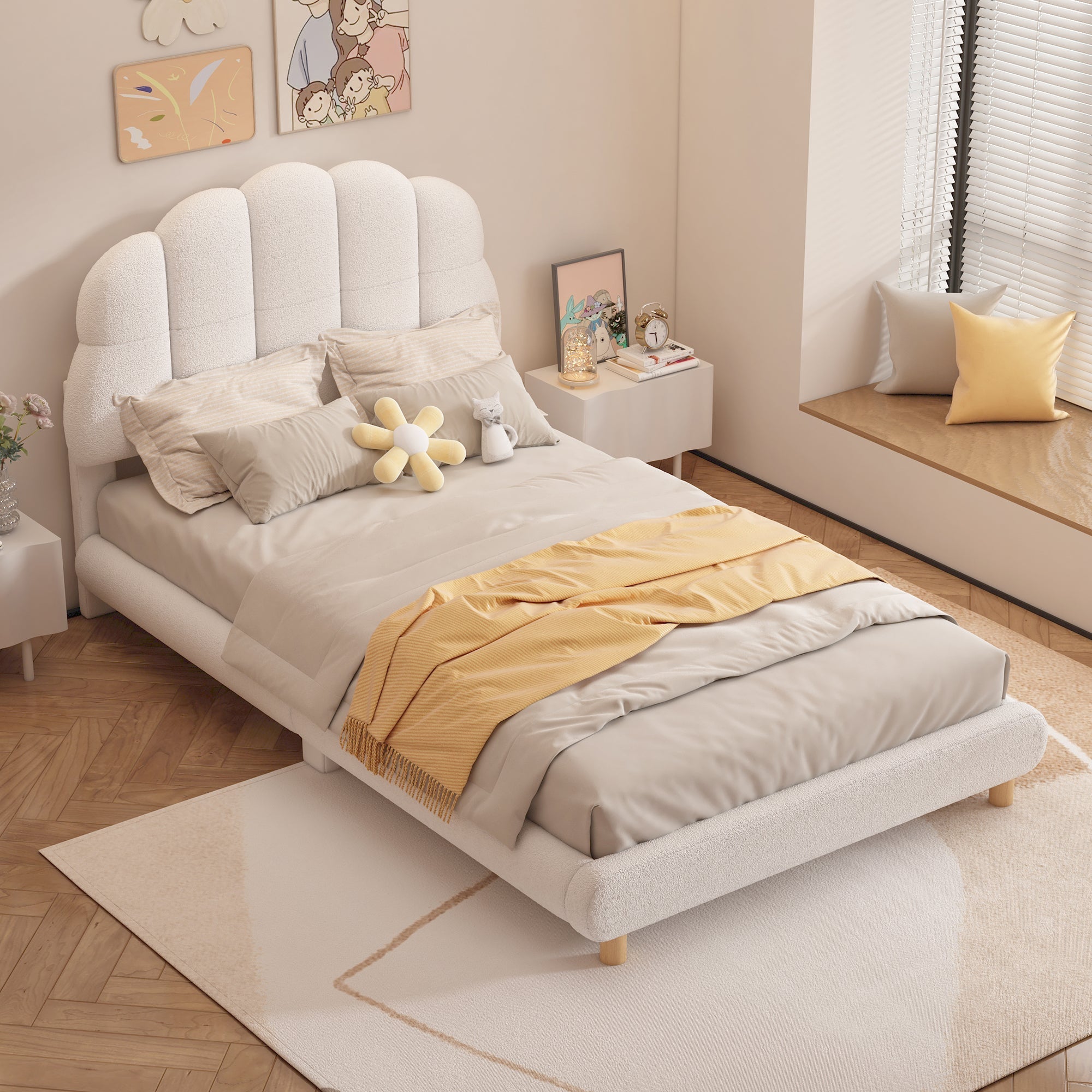 Children's Flat Bed 90x200cm Plush Cute Headboard - White