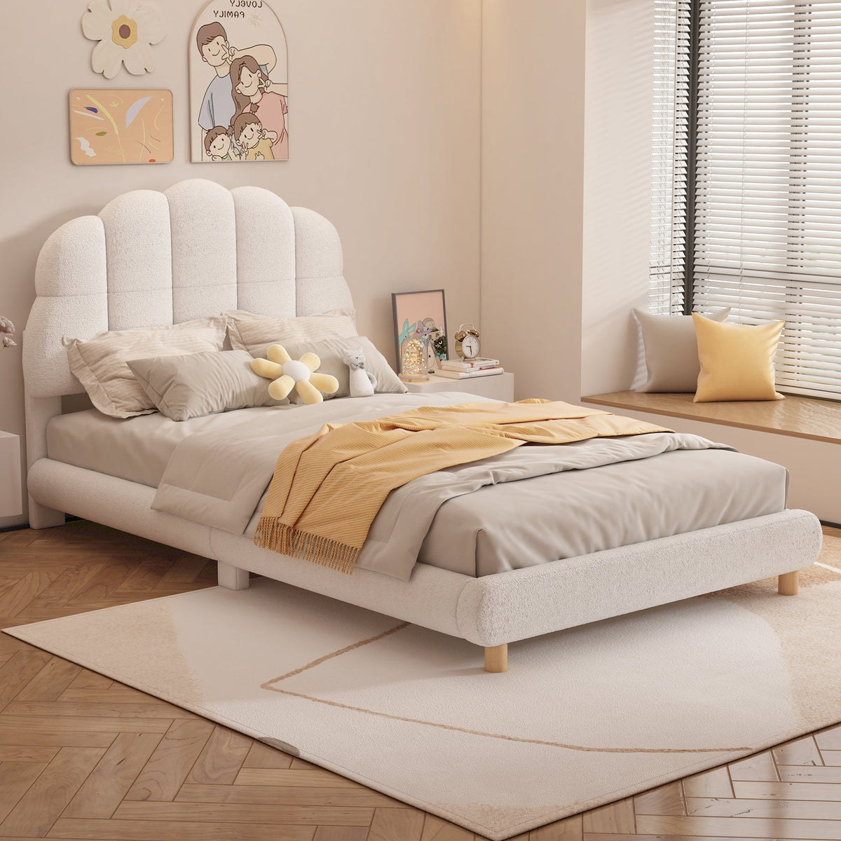 Children's Flat Bed 90x200cm Plush Cute Headboard - White