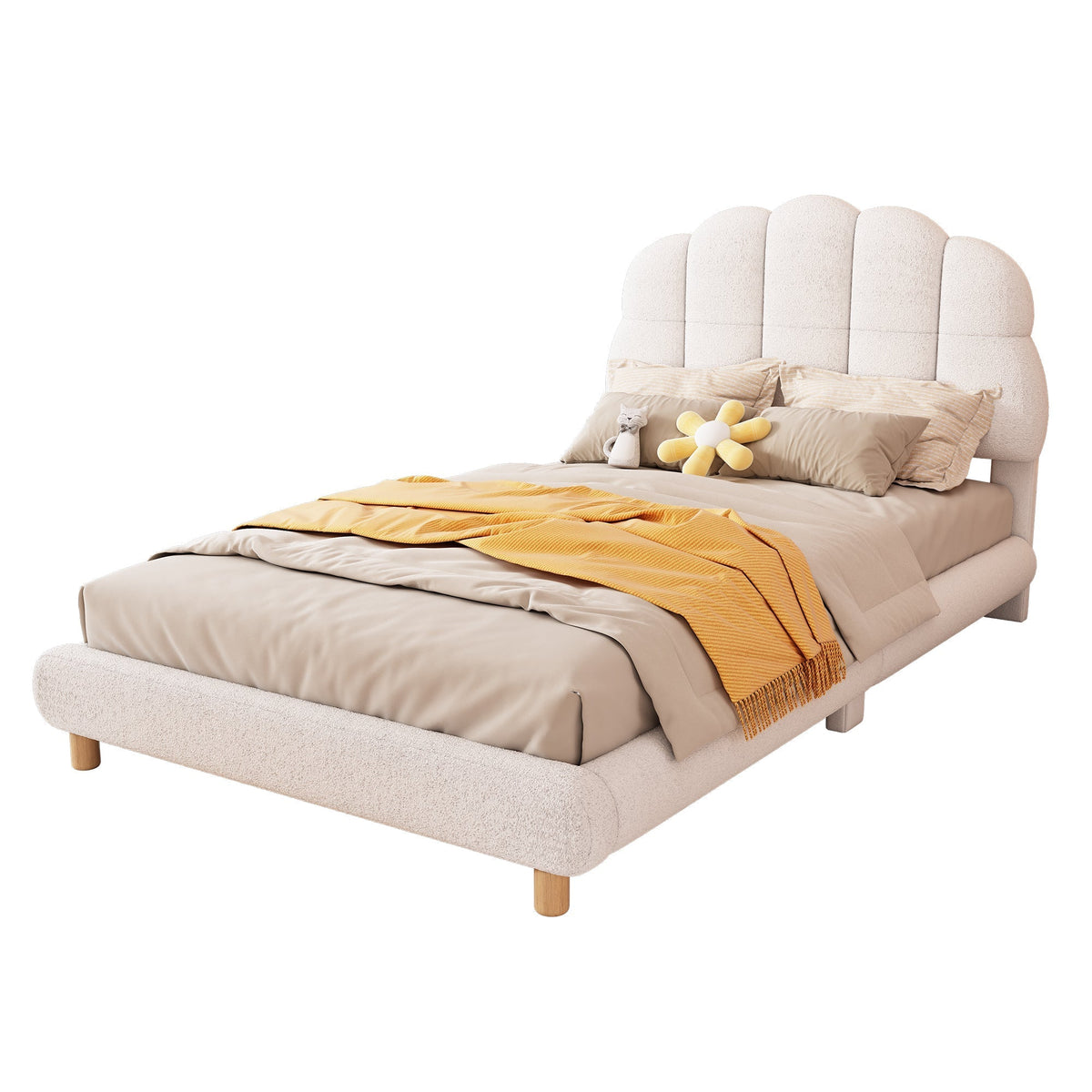 Children's Flat Bed 90x200cm Plush Cute Headboard - White