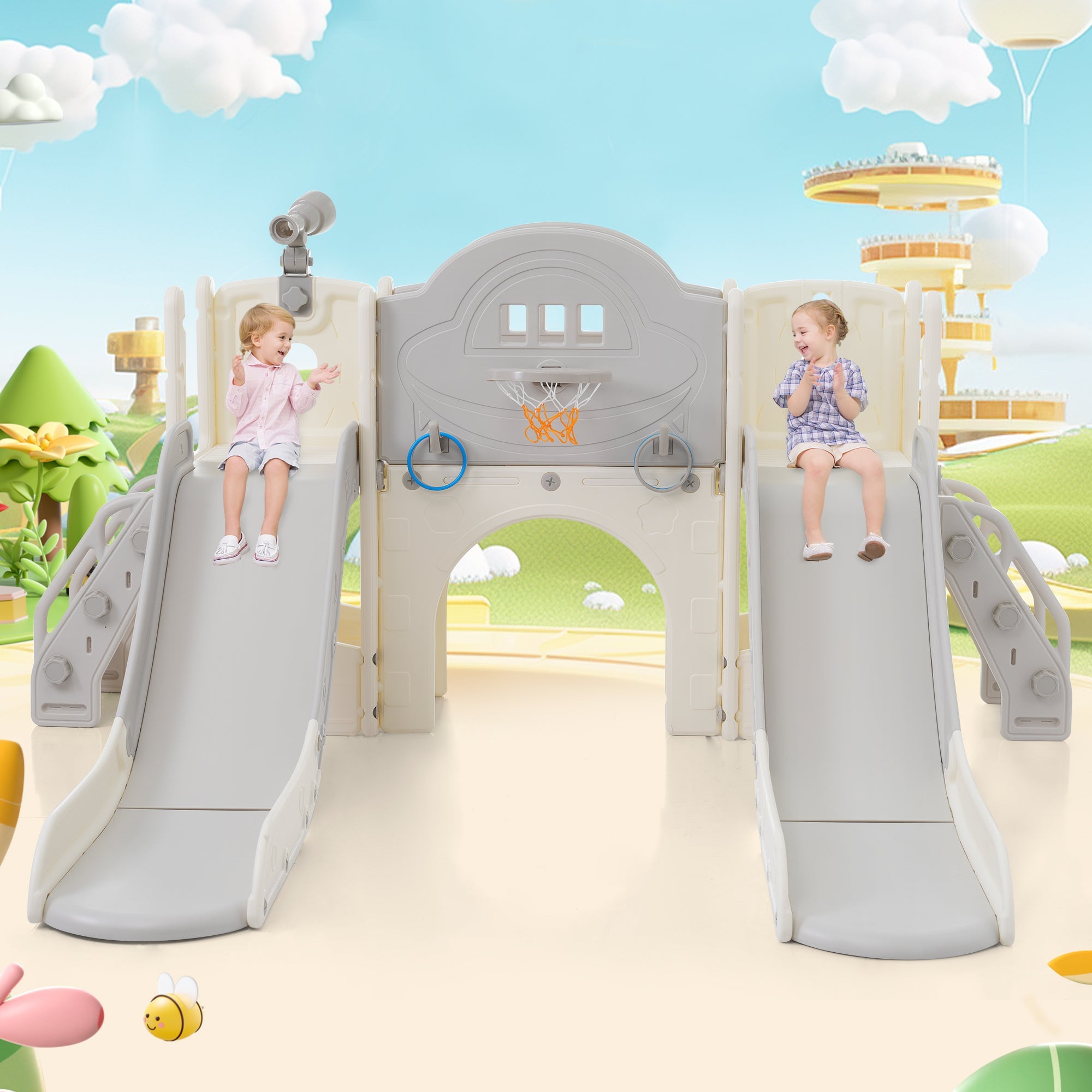 8-in-1 children's slide climbing toy, multifunctional with 2 slides, freestanding, climbing, drilling game, storage, play corridor, basketball hoop, lasso game, telescope