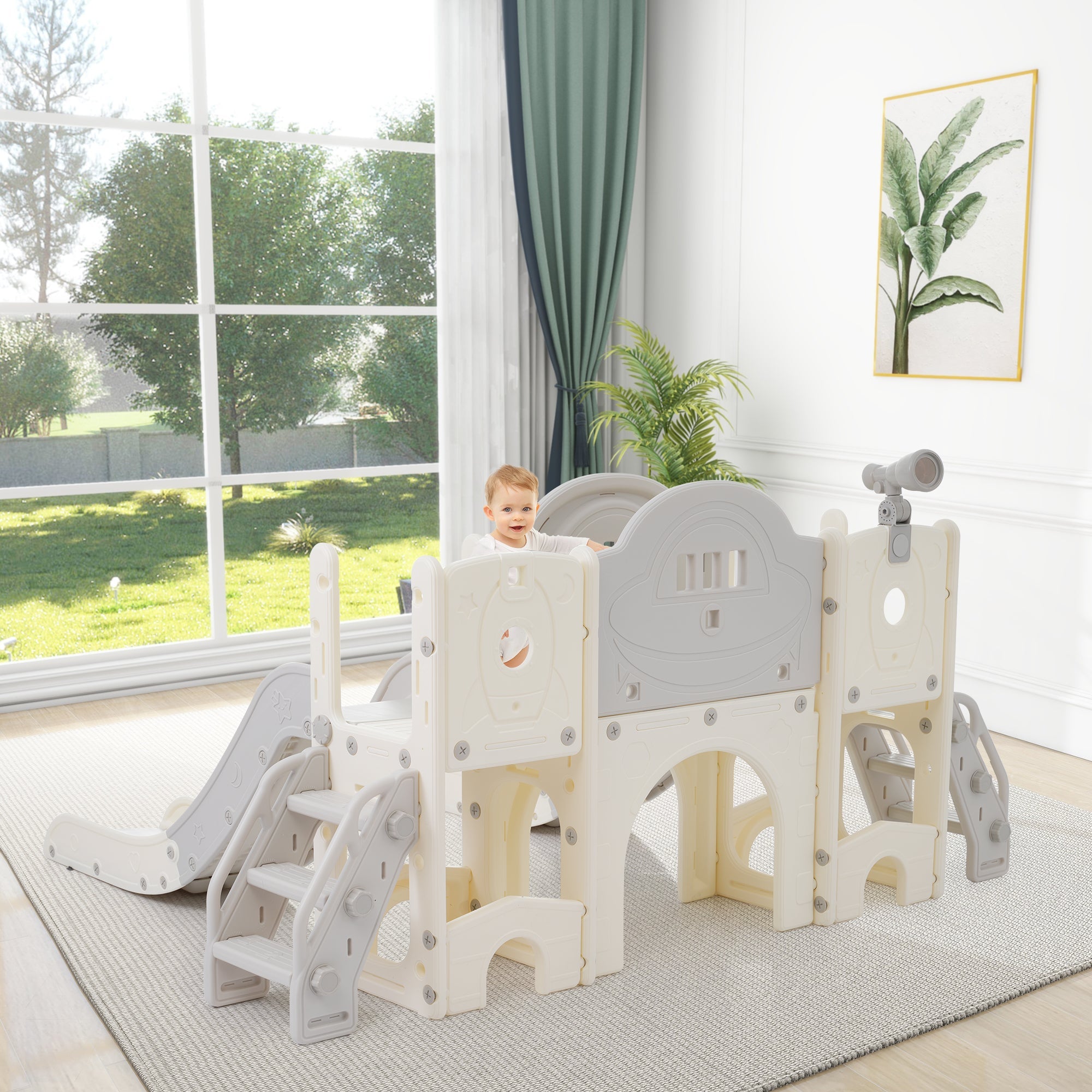 8-in-1 children's slide climbing toy, multifunctional with 2 slides, freestanding, climbing, drilling game, storage, play corridor, basketball hoop, lasso game, telescope