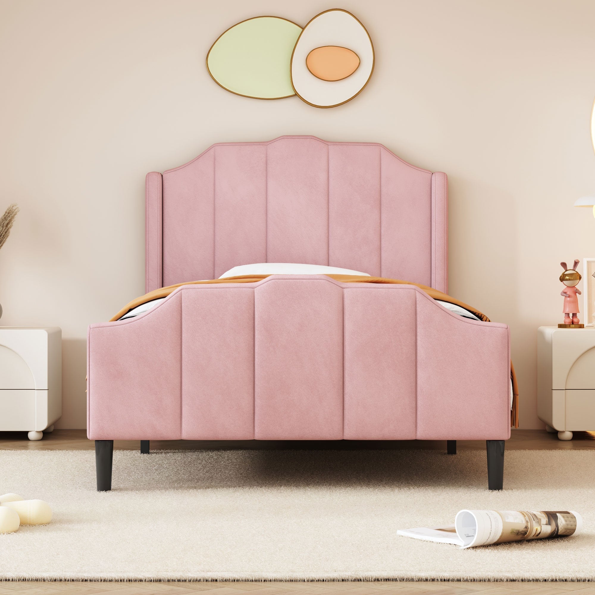 Upholstered Bed 90 x 200 cm with Headboard, Footboard & Slatted Frame, Pink Velvet