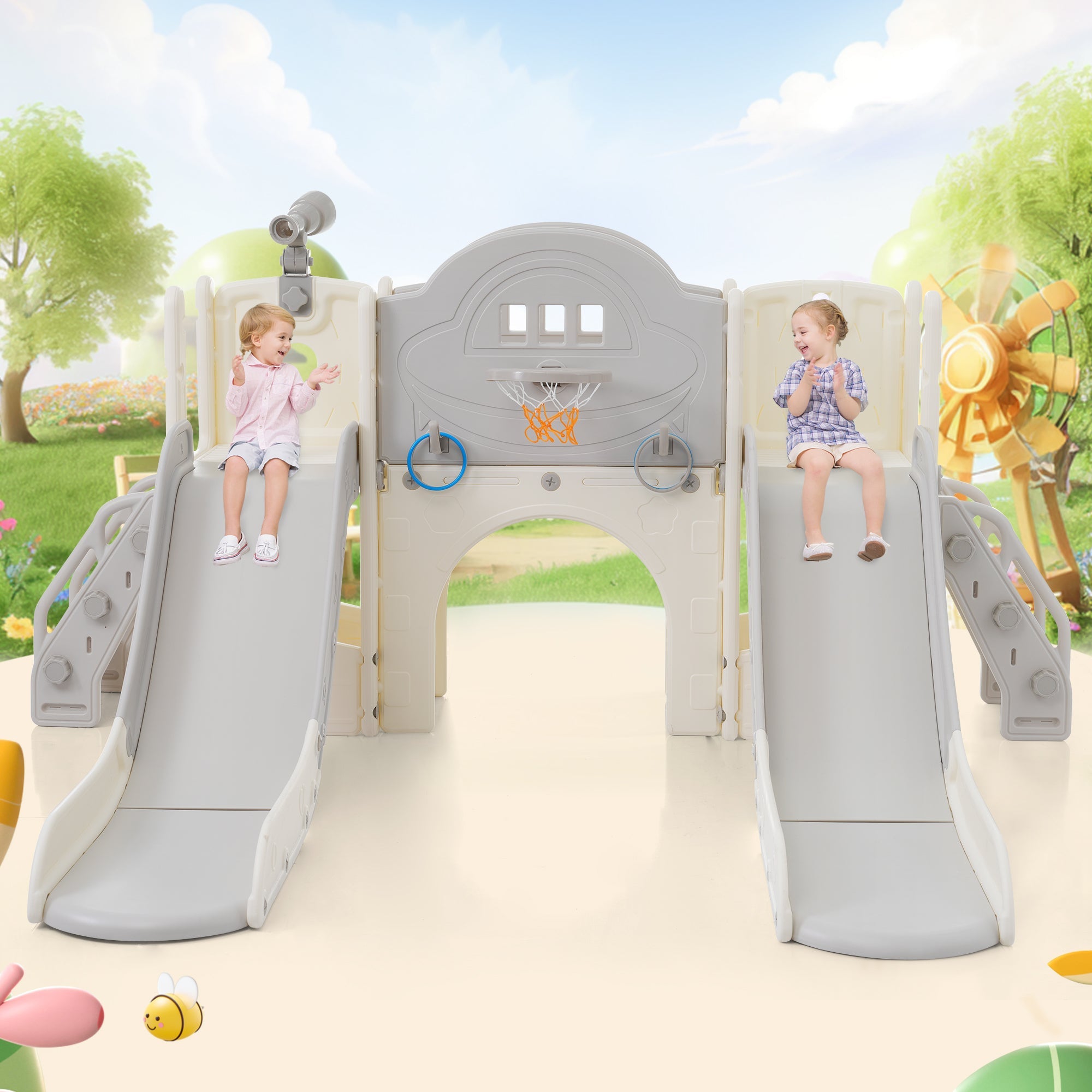 8-in-1 children's slide climbing toy, multifunctional with 2 slides, freestanding, climbing, drilling game, storage, play corridor, basketball hoop, lasso game, telescope