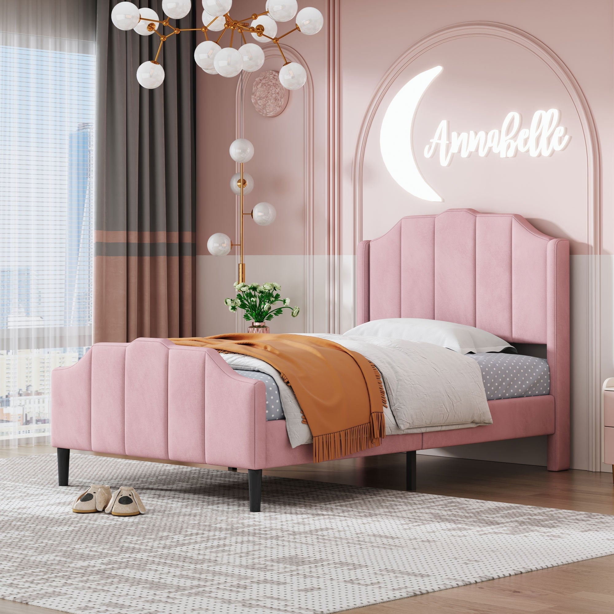 Upholstered Bed 90 x 200 cm with Headboard, Footboard & Slatted Frame, Pink Velvet