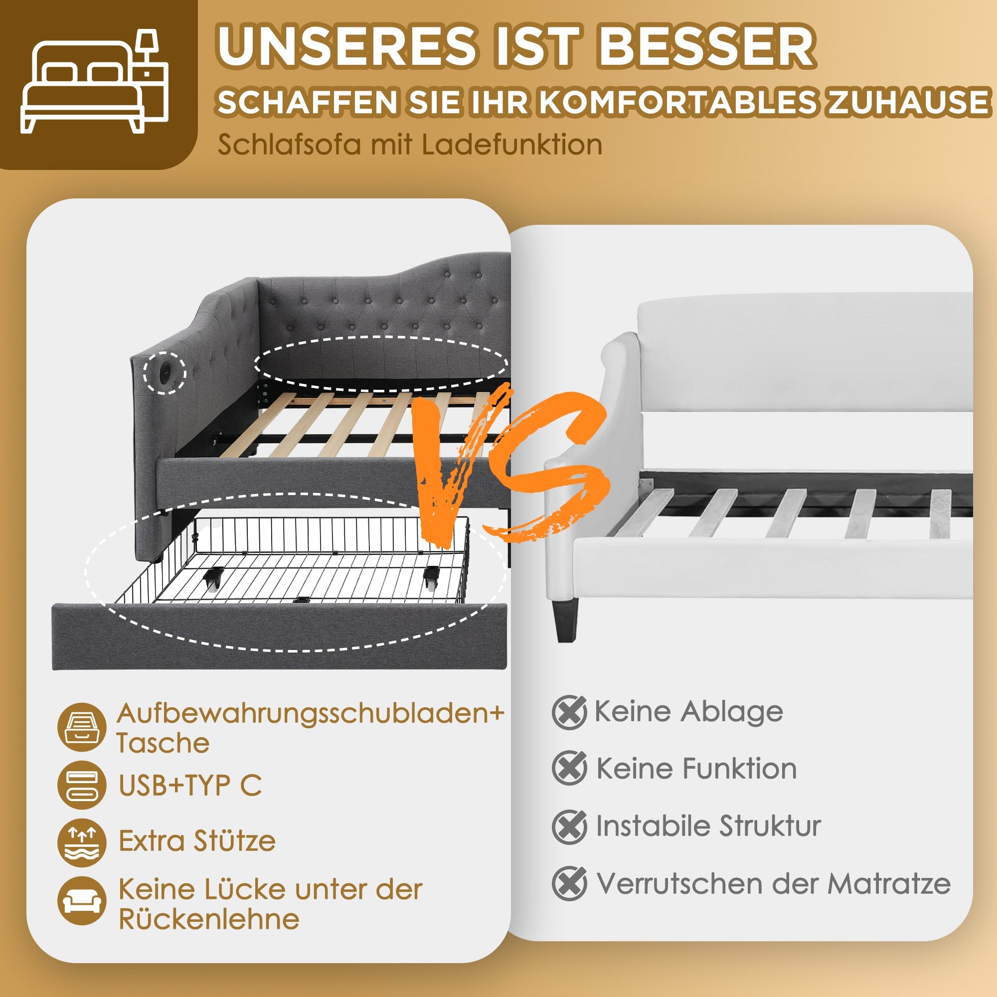 Upholstered Bed Daybed Sofa Bed Storage Bed with USB-C, 2 Drawers, 90x200cm, Grey Linen