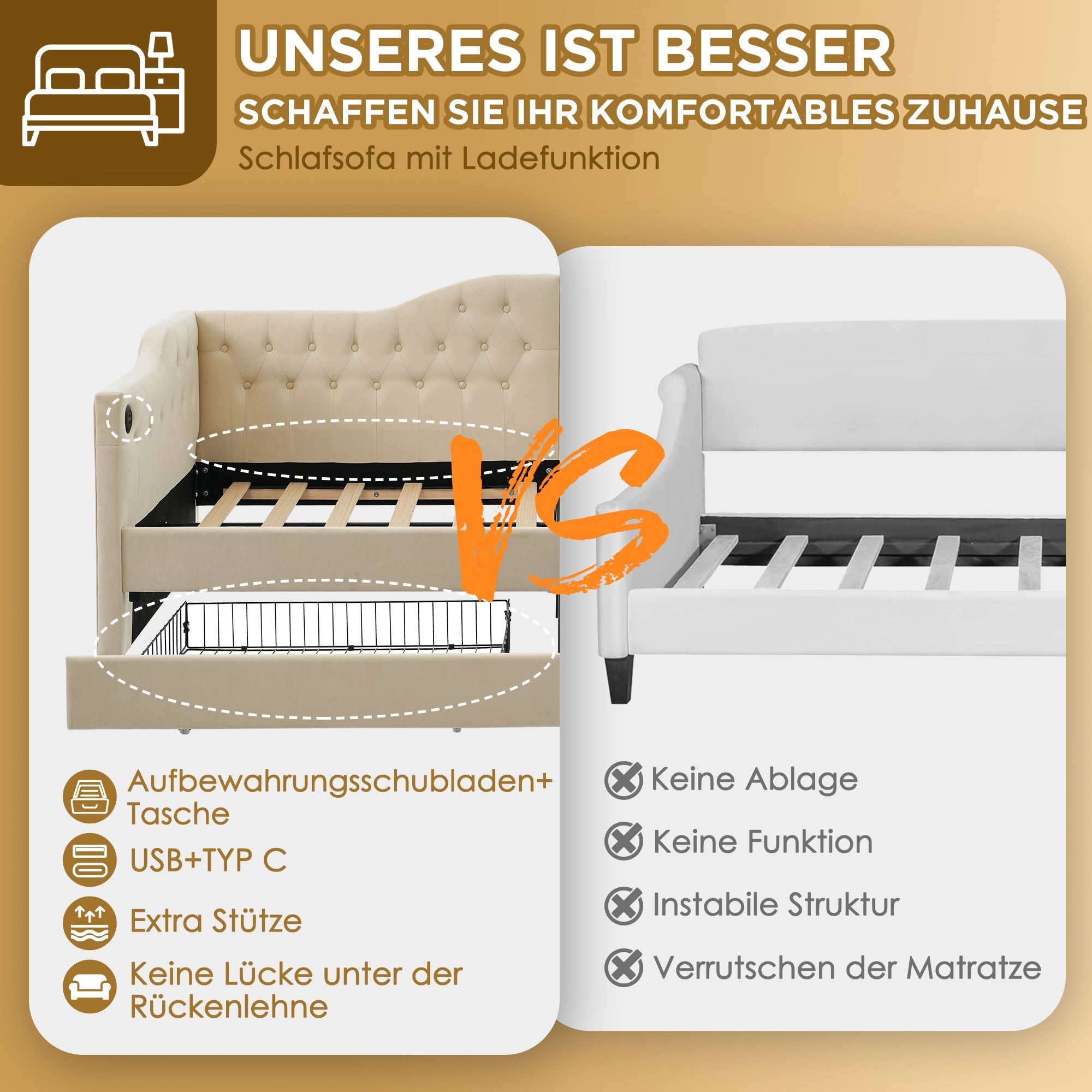 Upholstered Bed, Daybed Sofa Bed with USB C & 2 Drawers, 90x200cm Beige Velvet