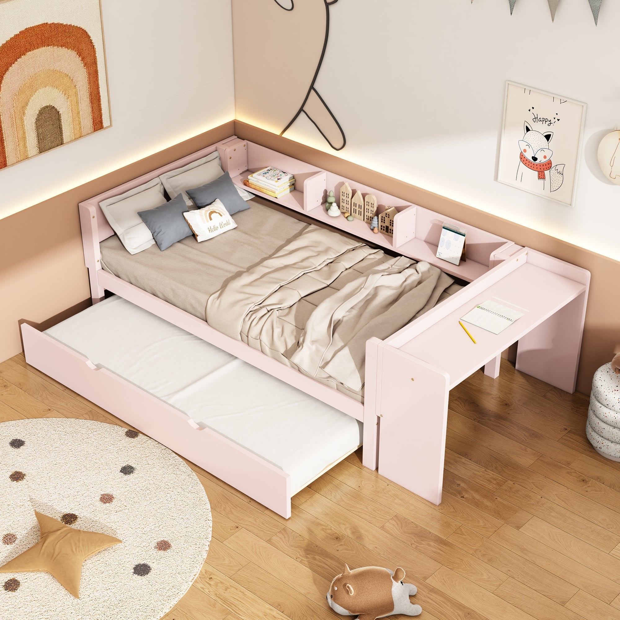 Flat Bed 90x200cm Pull-out Desk Storage - Pink
