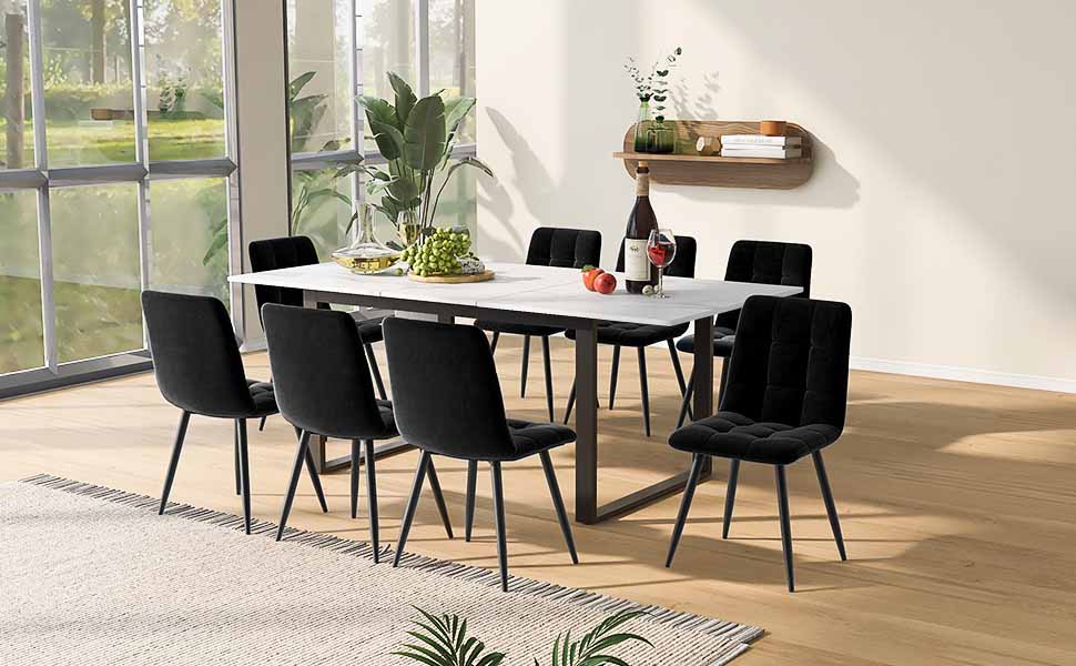 Dining Table Telescopic, 140/180x80x75cm with Iron & Square Tube Legs, White MDF with Marble Pattern