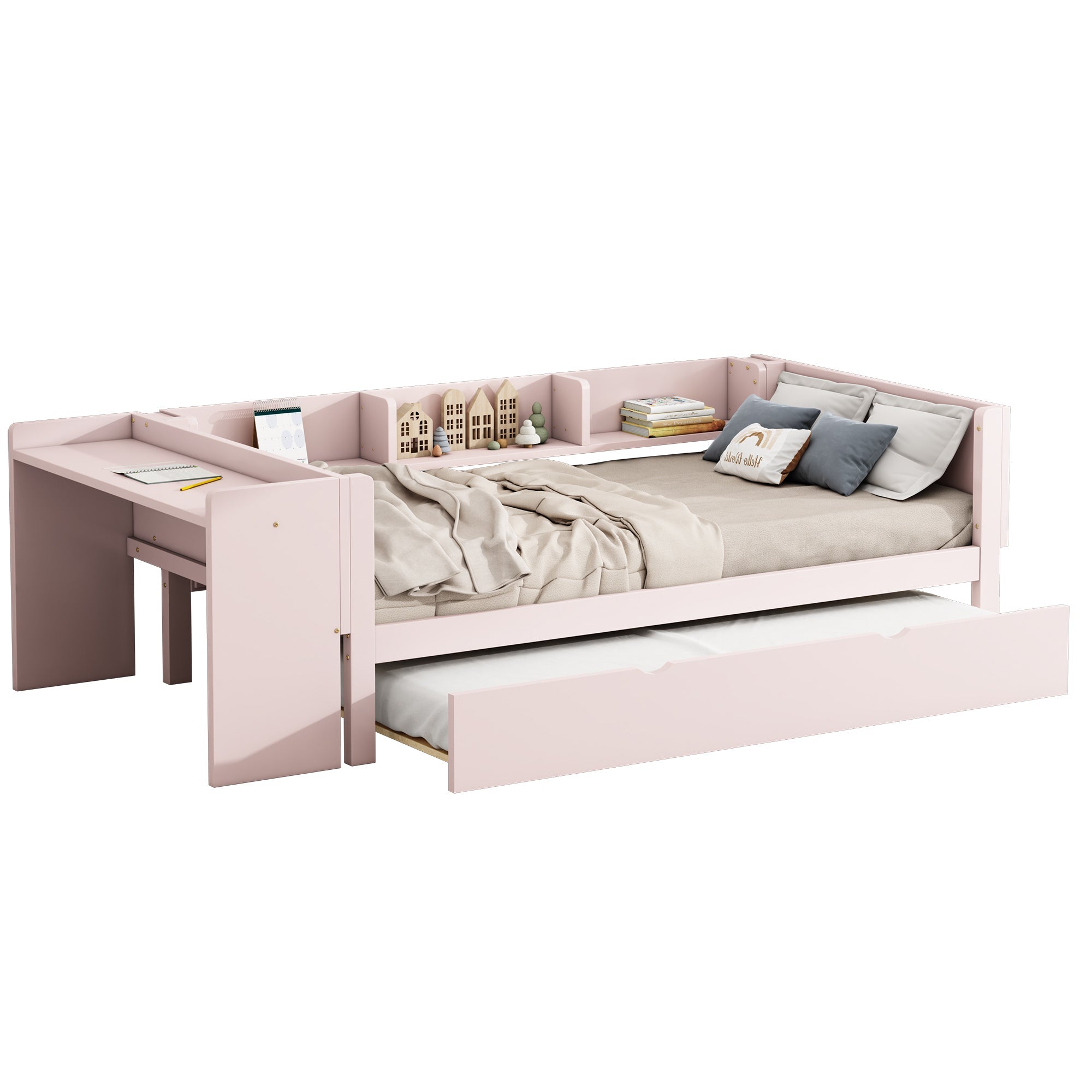 Flat Bed 90x200cm Pull-out Desk Storage - Pink