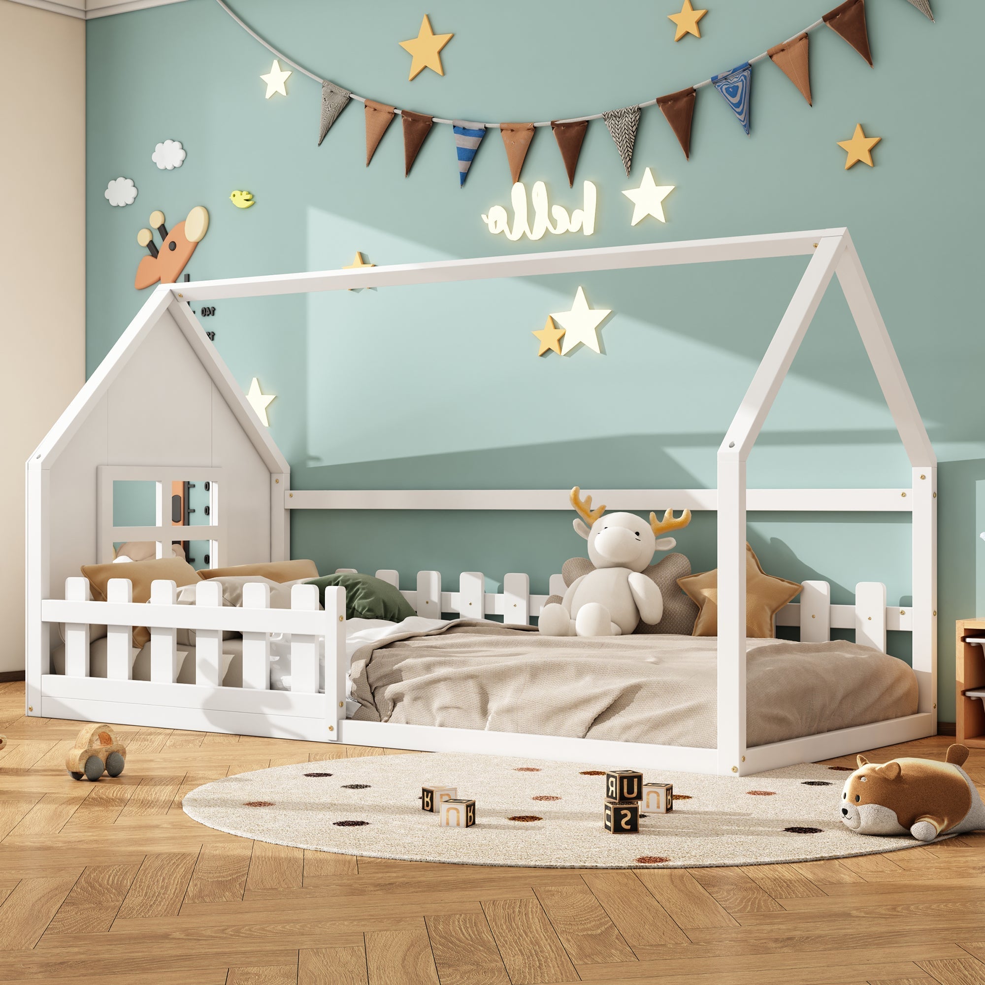 Children's Flat Bed 90x200cm House Rail - White