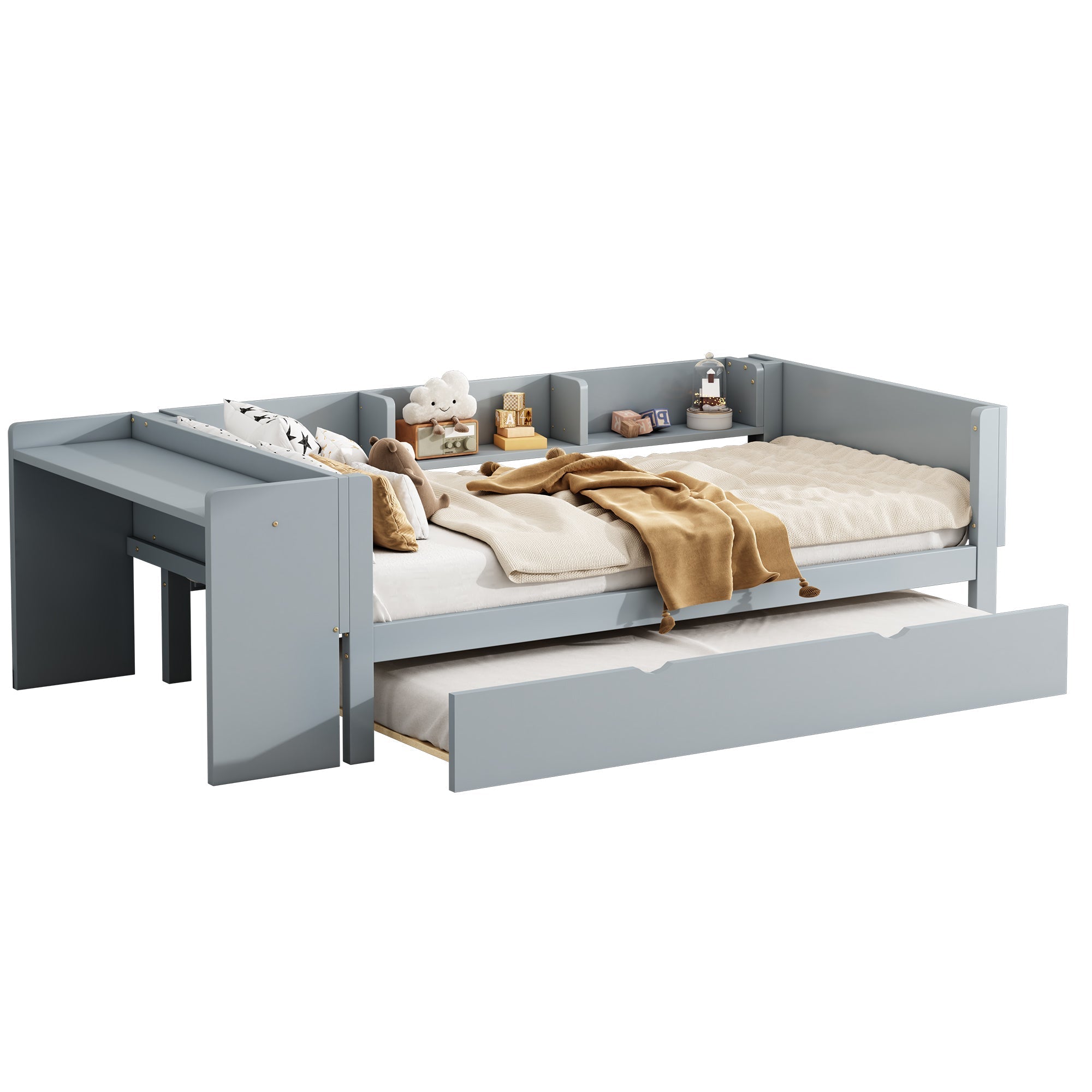 Bed 90x200cm Pull-out Desk 3 Side Shelves - Grey
