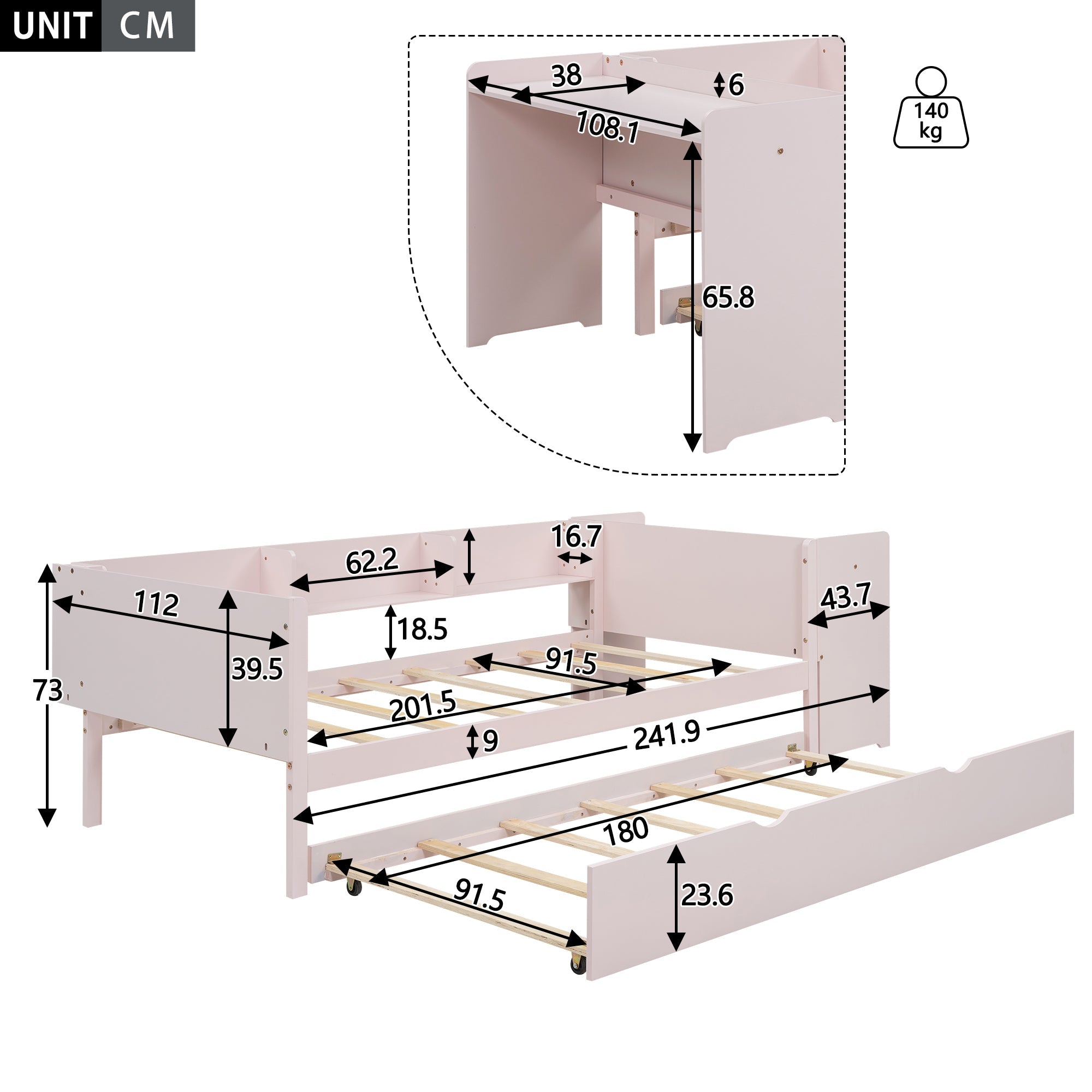 Flat Bed 90x200cm Pull-out Desk Storage - Pink